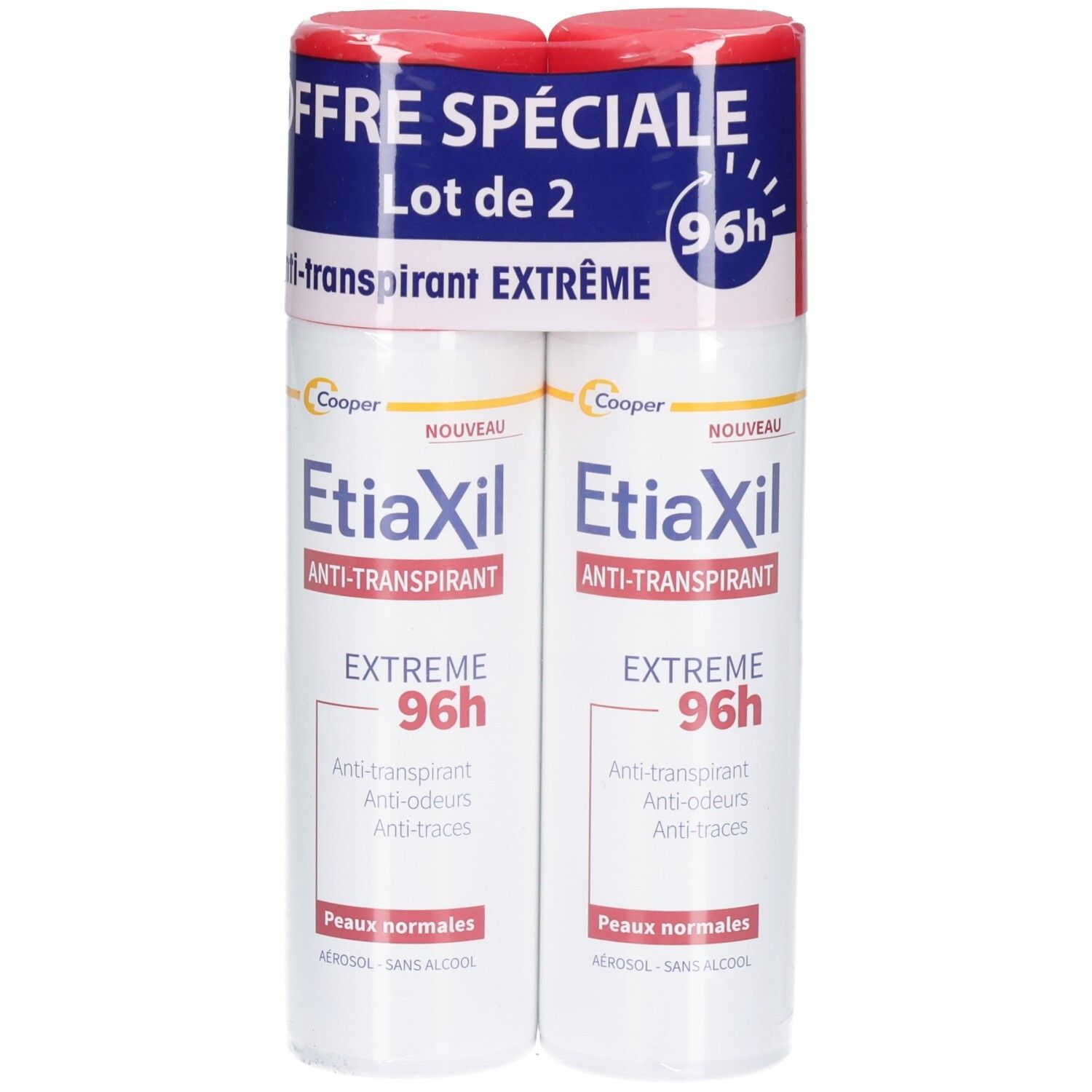 Deux déodorants en aérosol sous film. Inscription : Etiaxil Anti-transpirant Extrême 96h. Emballage spécial.