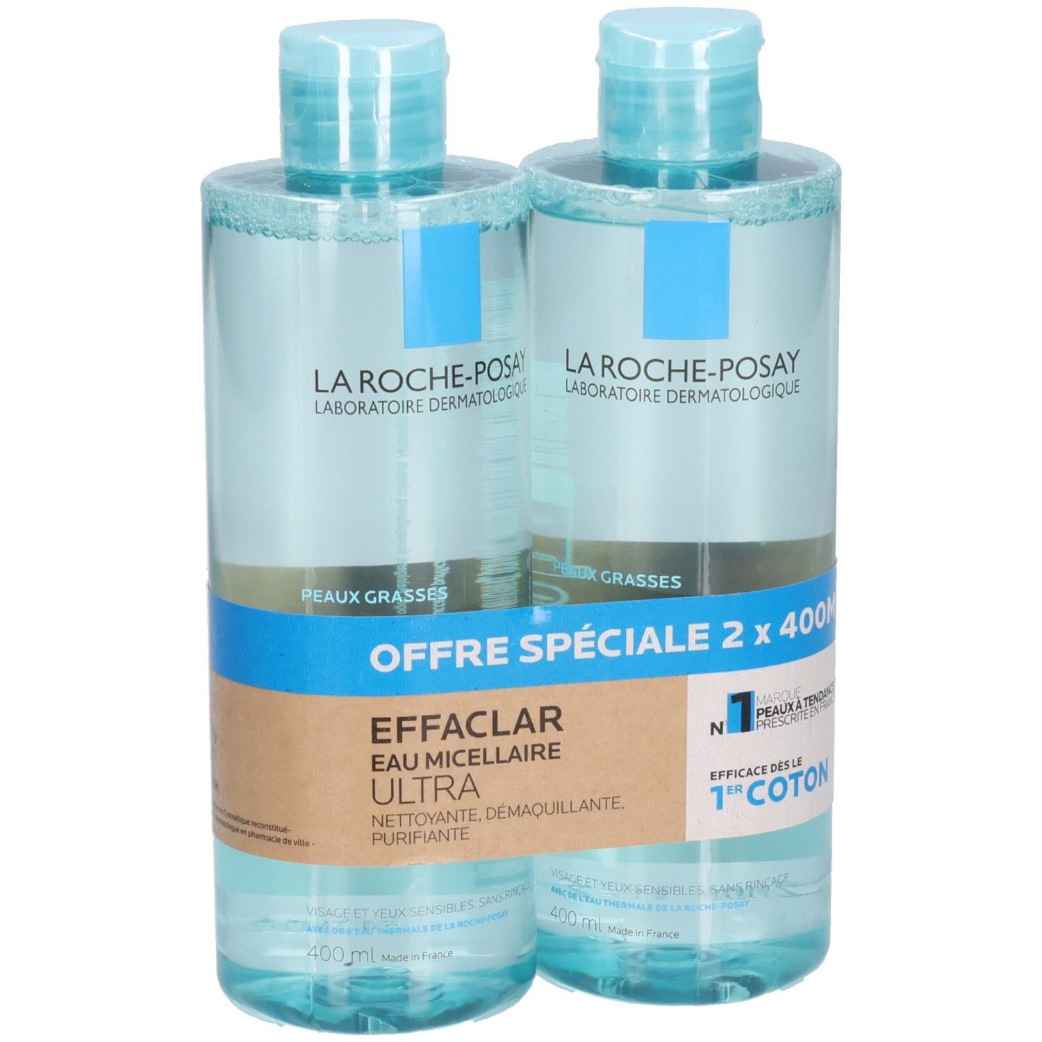 Deux flacons de La Roche-Posay Effaclar Eau Micellaire. Liquide bleu dans des bouteilles transparentes. Inscription : Effaclar Eau Micellaire Ultra.