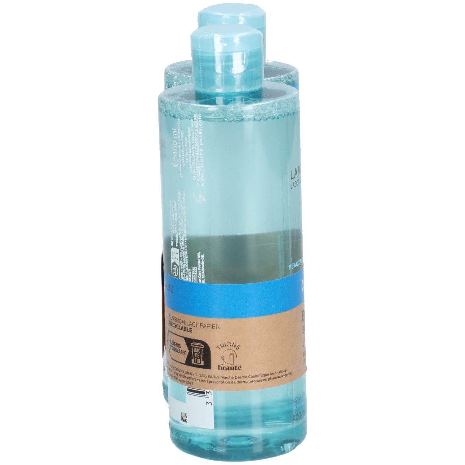 Deux flacons La Roche-Posay Effaclar Eau Micellaire emballés. Étiquette avec informations et symboles de recyclage.