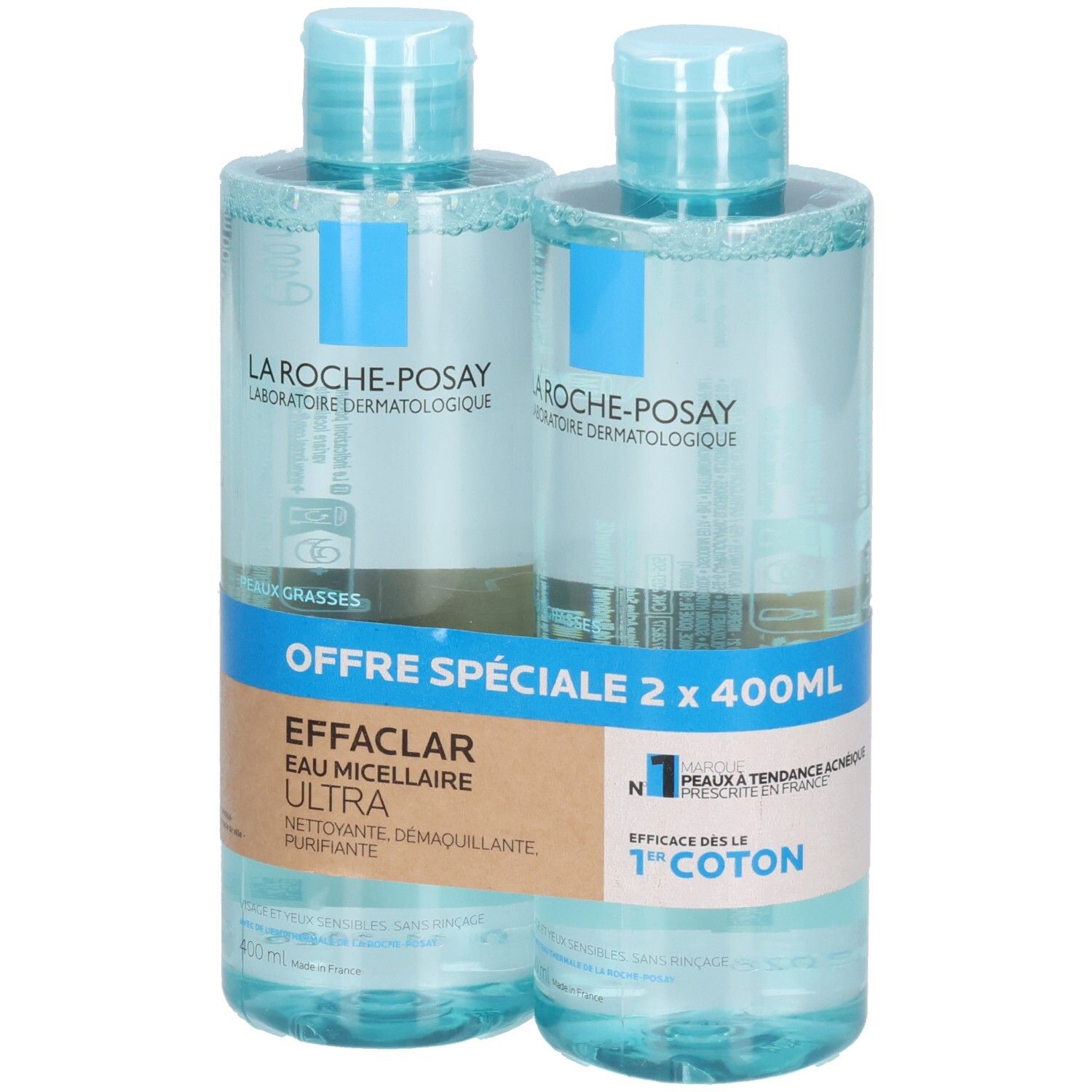 Deux flacons La Roche-Posay Effaclar Eau Micellaire. Inscription : Offre Spéciale 2 x 400ml. Effaclar Eau Micellaire Ultra.