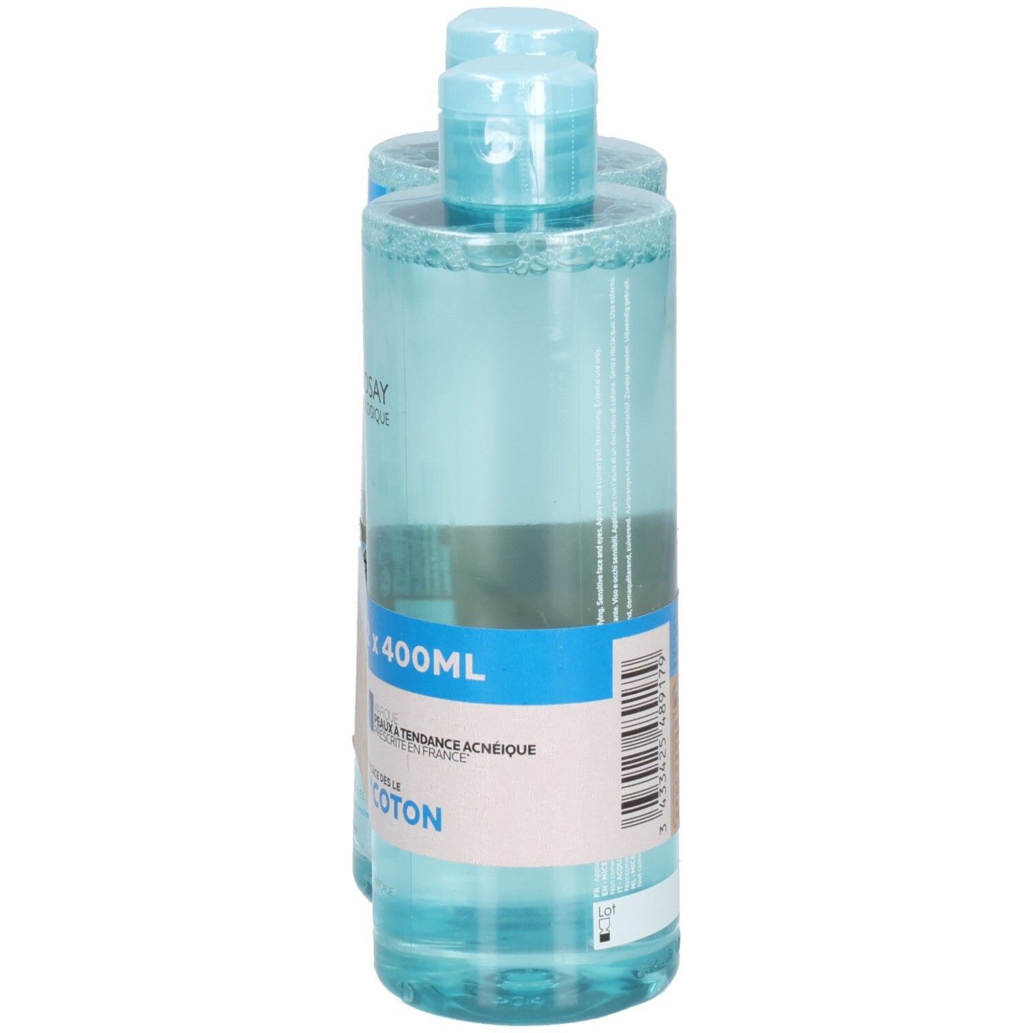 Deux flacons La Roche-Posay Effaclar Eau Micellaire. Inscription : 400ml. Pour peaux à tendance acnéique.