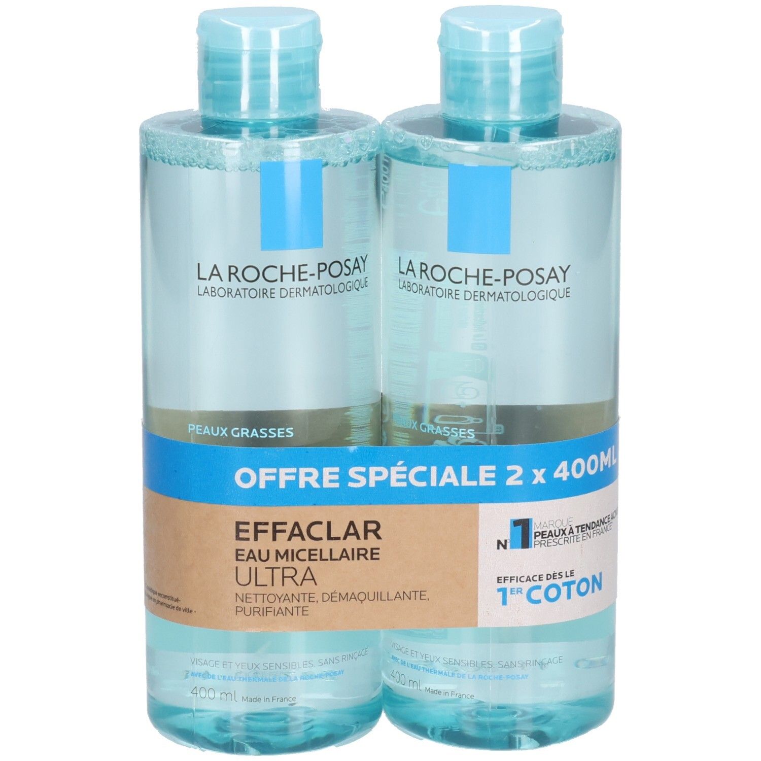 Deux flacons La Roche-Posay Effaclar Eau Micellaire. Inscription : Offre Spéciale 2 x 400ml. Effaclar Eau Micellaire Ultra.