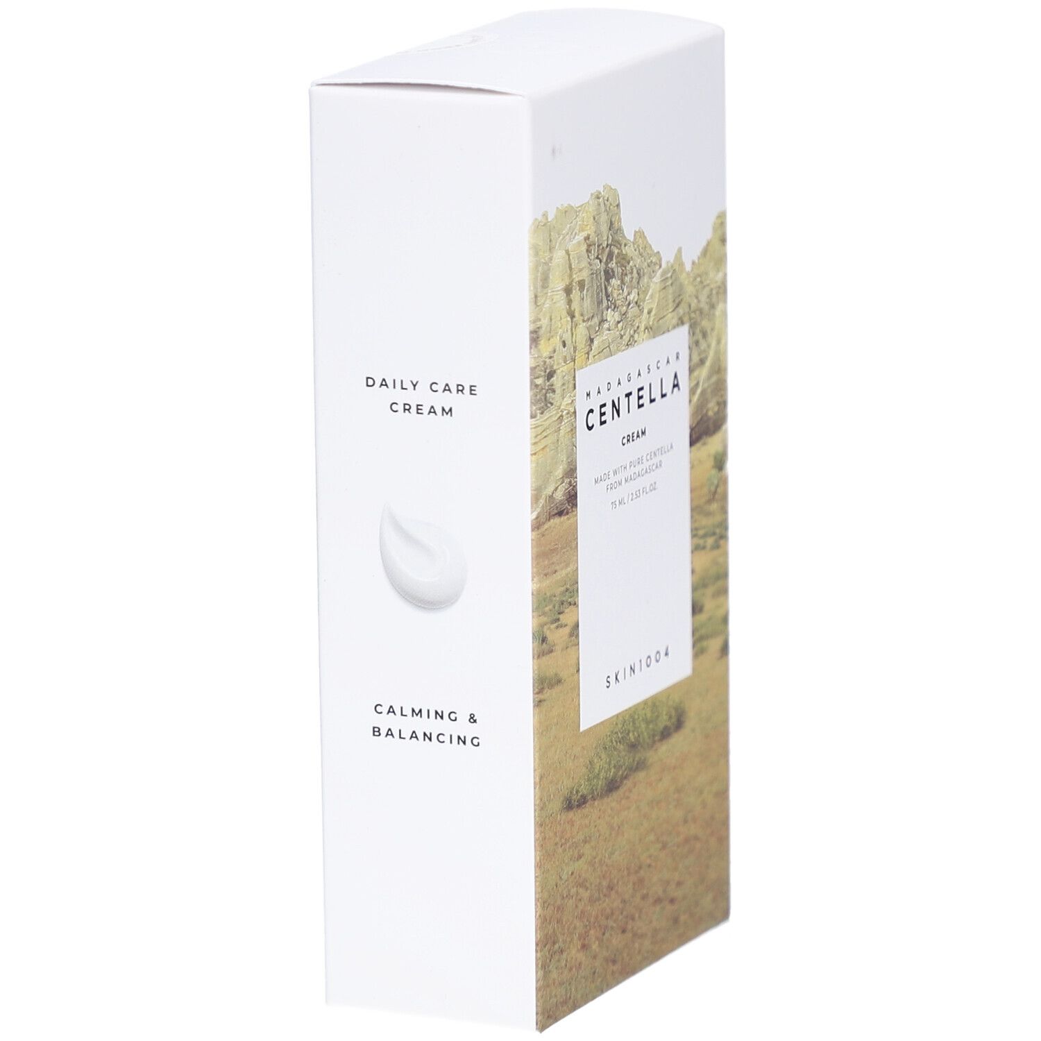 Côté de l'emballage SKIN1004 MADAGASCAR CENTELLA CREAM. Texte: Daily Care Cream, Calming & Balancing.