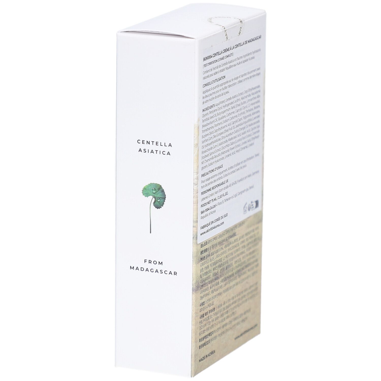 Côté de l'emballage SKIN1004 MADAGASCAR CENTELLA CREAM. Centella Asiatica et texte.