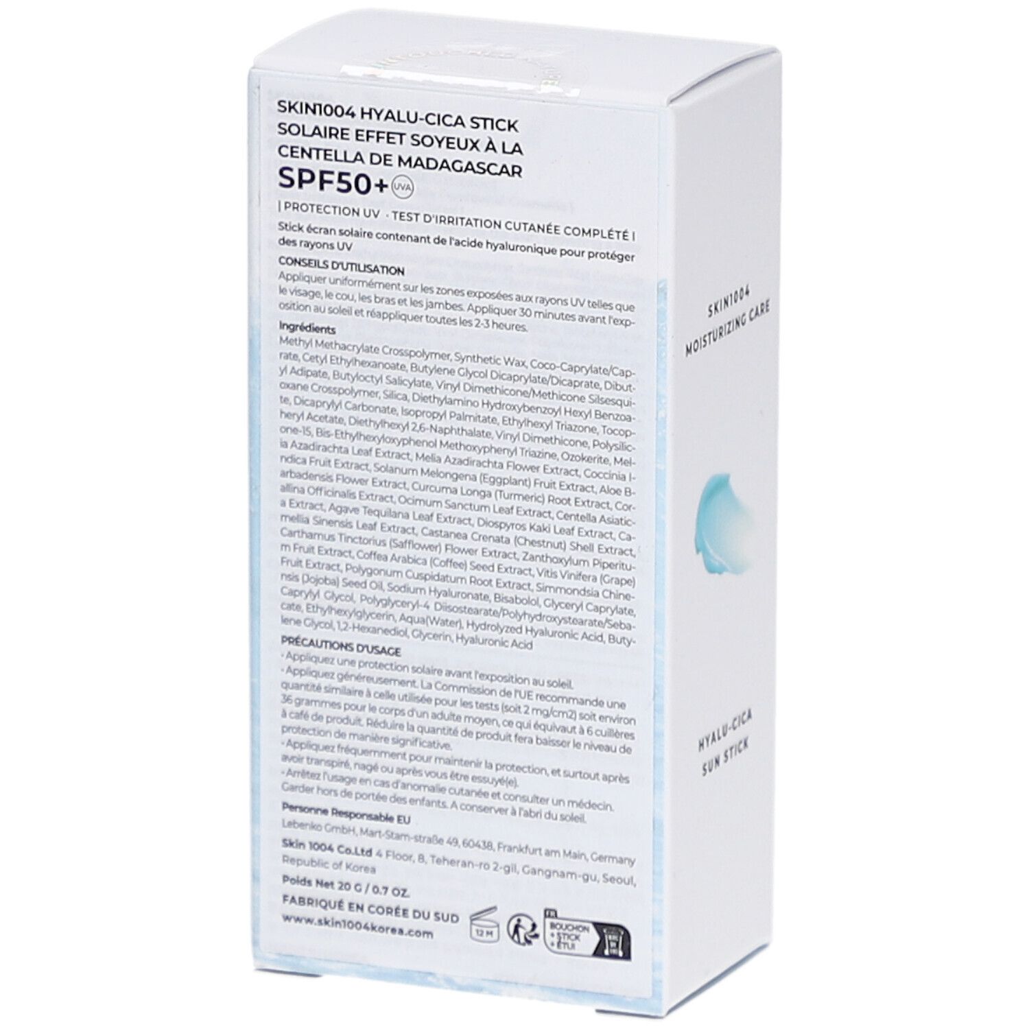 Dos de la boîte blanche. Texte: SKIN1004 Hyalu-Cica Stick, Solaire effet soyeux, SPF50+. Ingrédients et instructions d'utilisation.