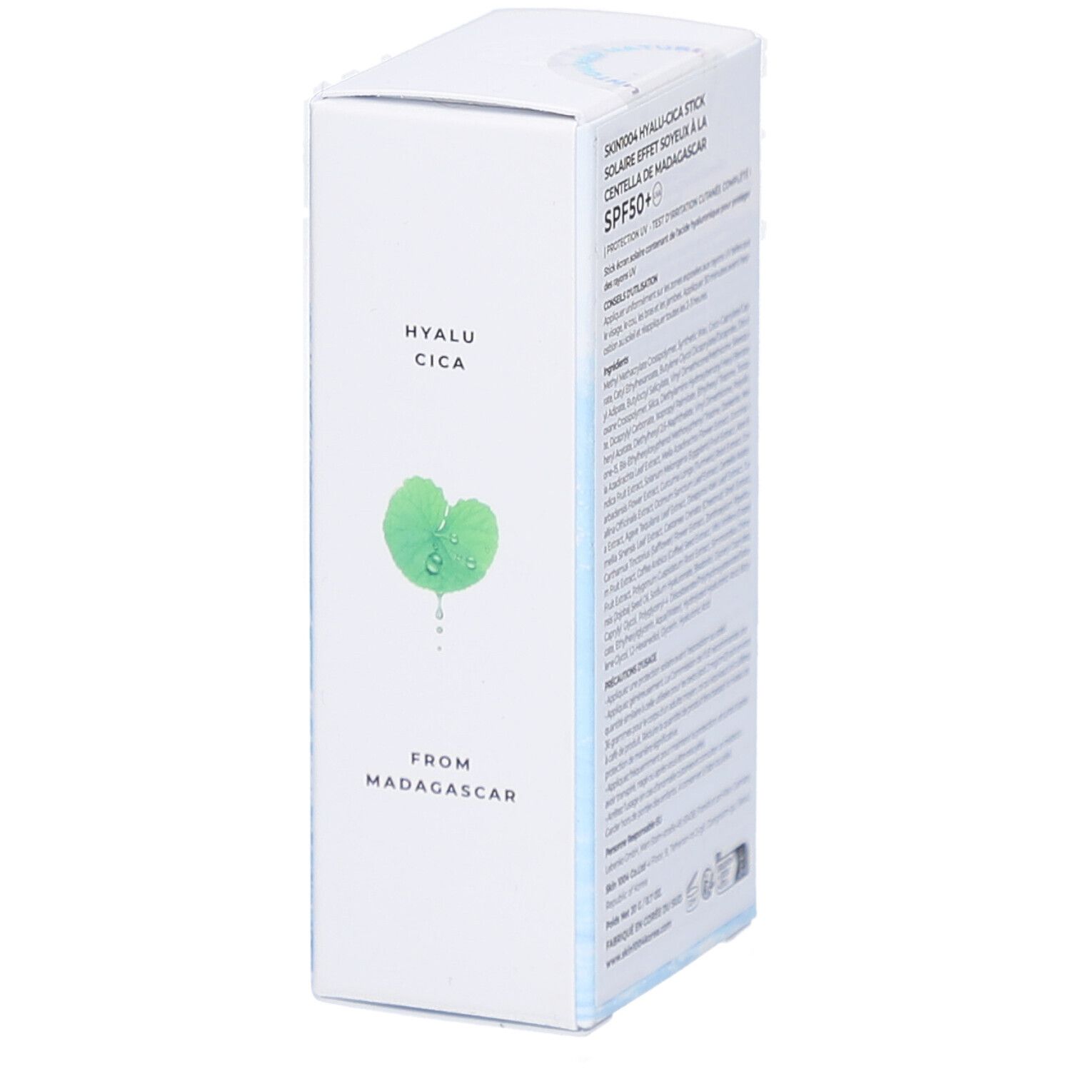 Boîte blanche avec informations produit. Texte: Hyalu-Cica, from Madagascar. Symbole feuille. Dos avec texte.
