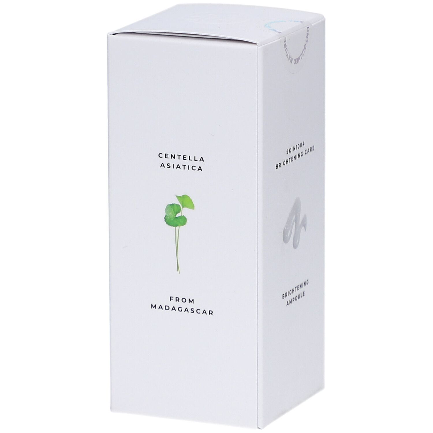 Boîte blanche avec informations produit. Texte: CENTELLA ASIATICA, from MADAGASCAR, SKIN1004.