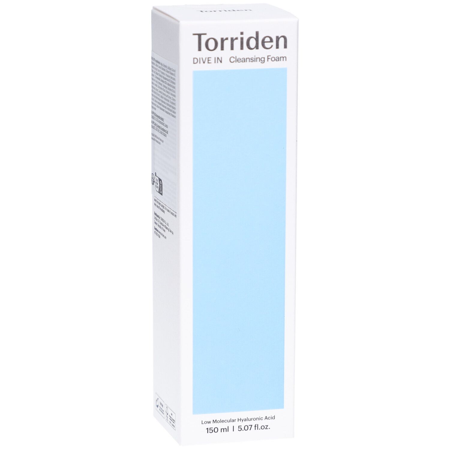 Emballage blanc avec zone bleue. Inscription : Torriden, DIVE IN Cleansing Foam. Texte : Low Molecular Hyaluronic Acid. 150 ml.