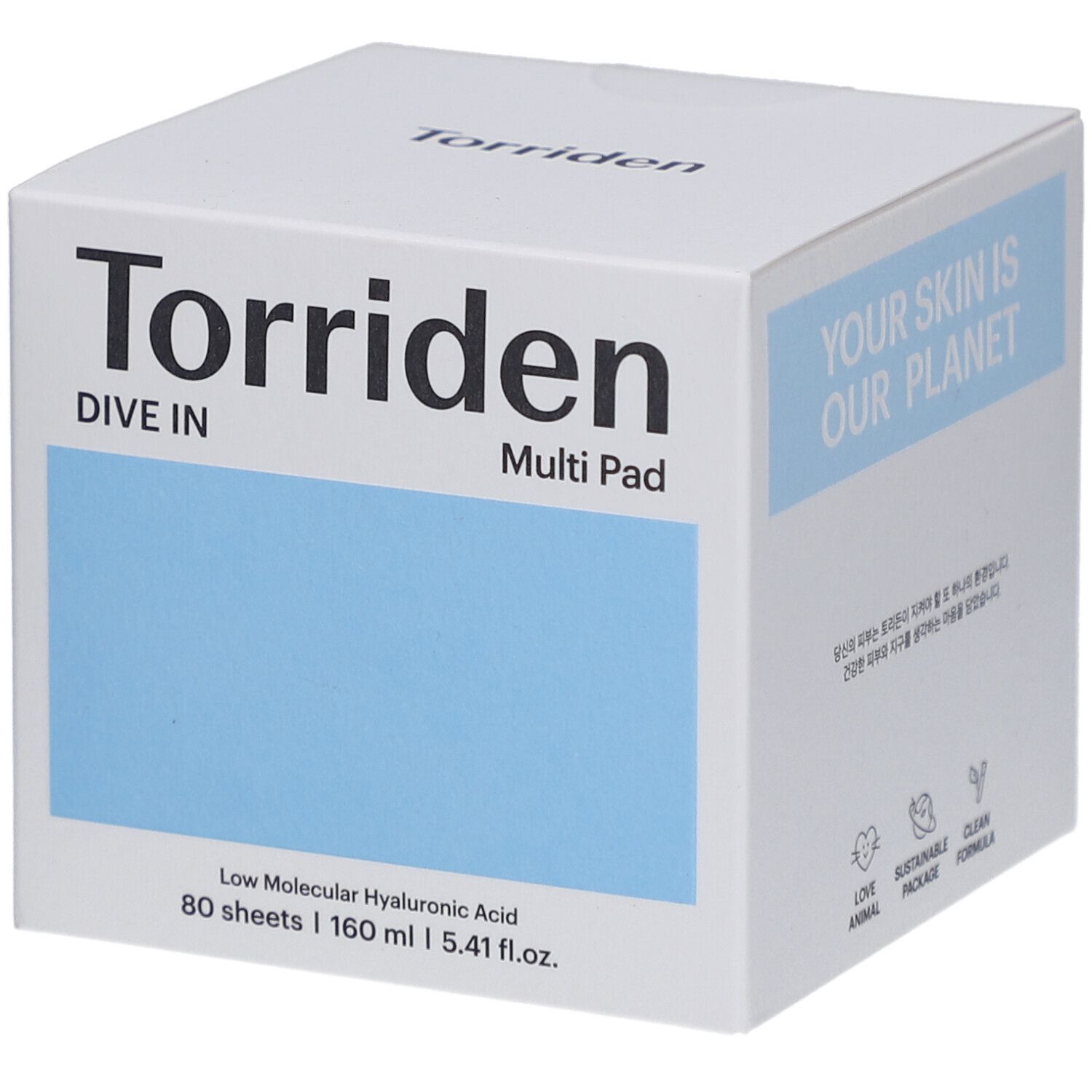 Boîte carrée blanche avec un carré bleu. Inscription: Torriden, DIVE IN Multi Pad. Texte: Low Molecular Hyaluronic Acid.