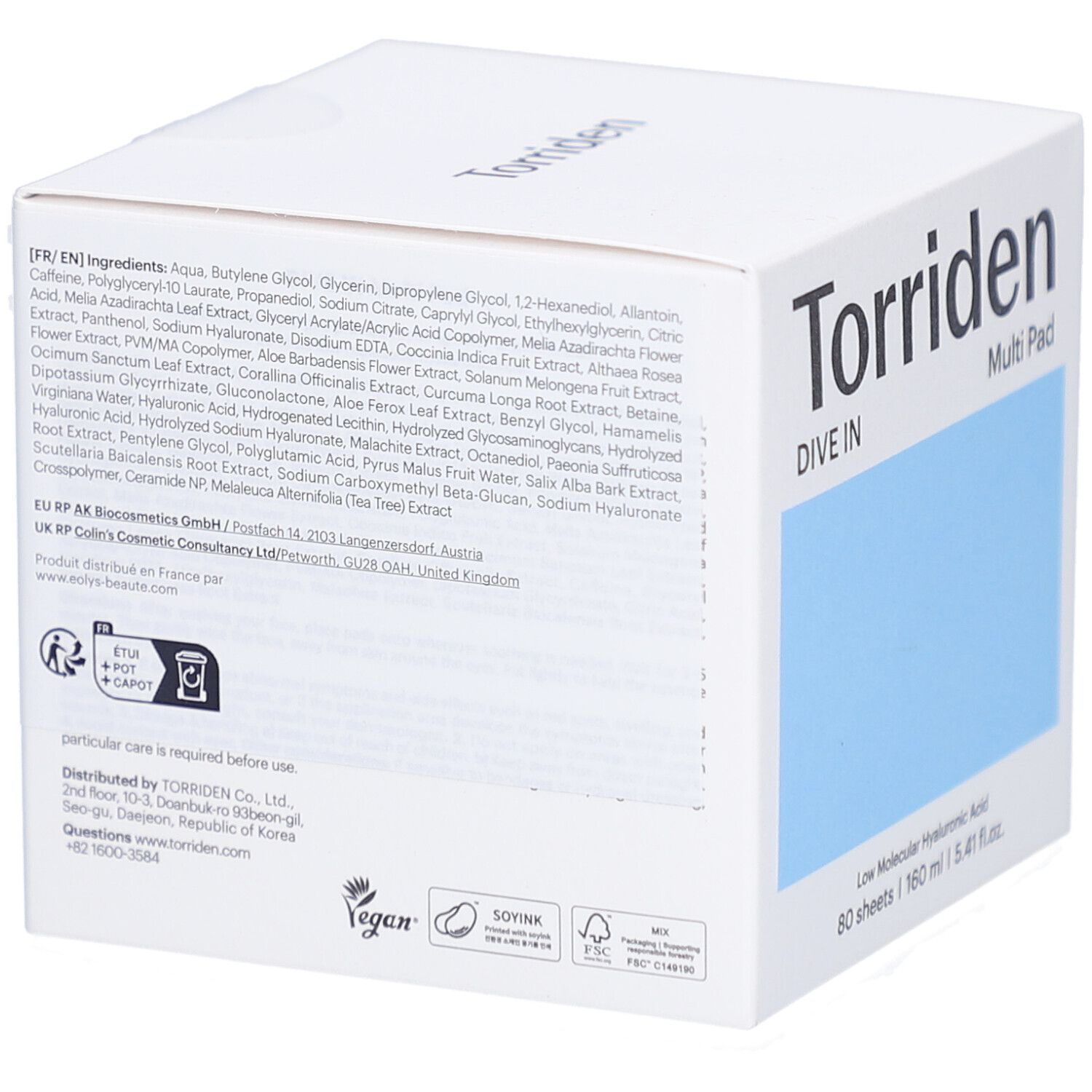 Emballage blanc avec texte et ingrédients. Inscription: Torriden, DIVE IN Multi Pad. Logo végan.