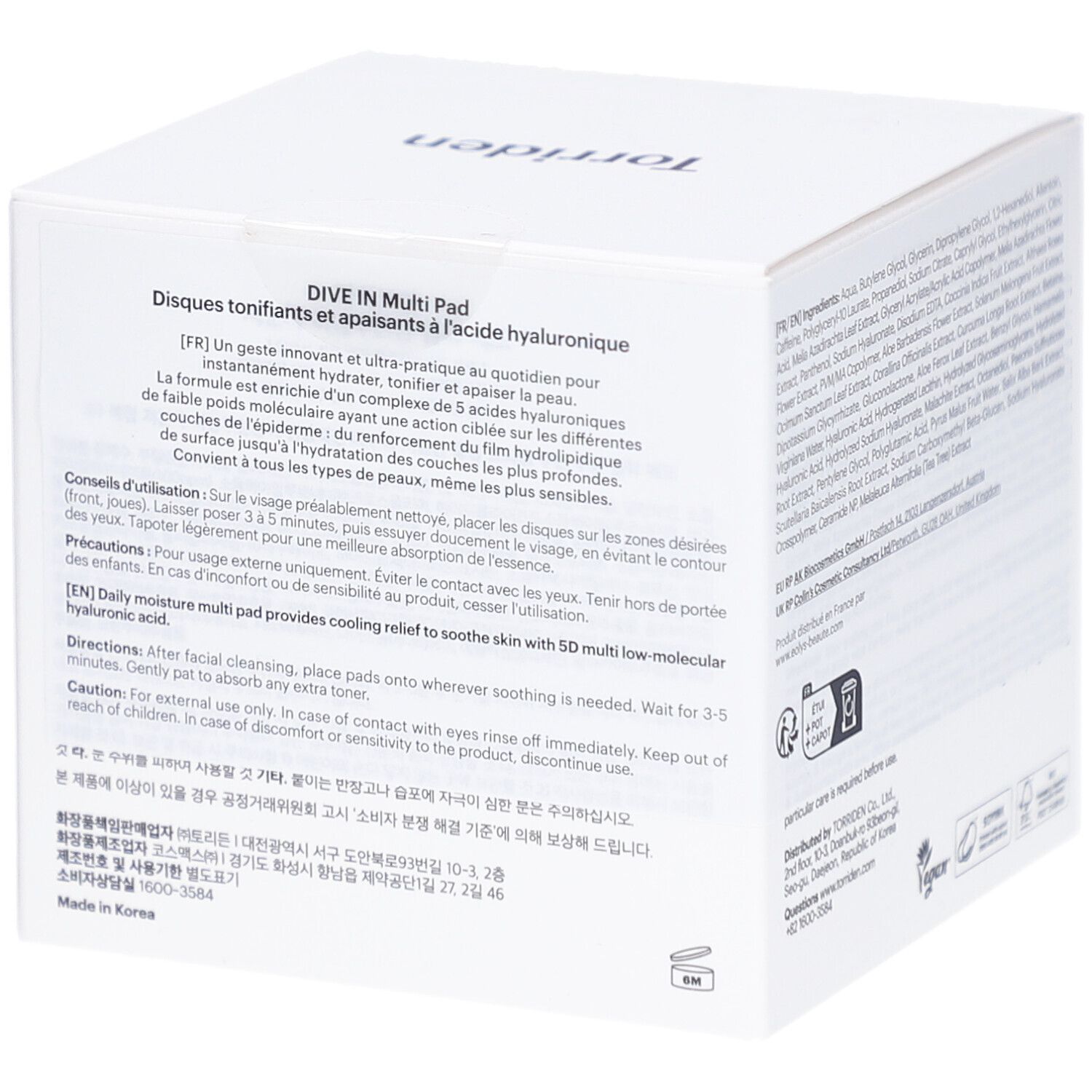 Emballage blanc avec texte. Inscription: DIVE IN Multi Pad. Texte: Disques tonifiants et apaisants à l'acide hyaluronique.