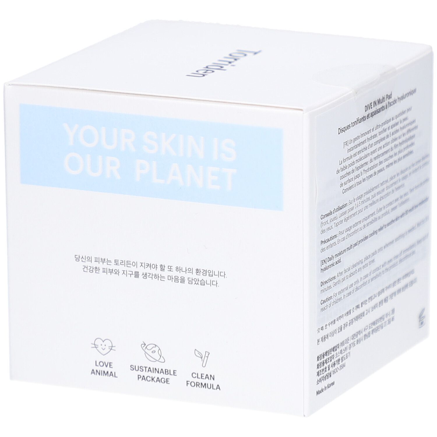 Emballage blanc avec texte et logos. Inscription: Torriden. Texte: YOUR SKIN IS OUR PLANET. Logos: Love Animal, Sustainable Package, Clean Formula.