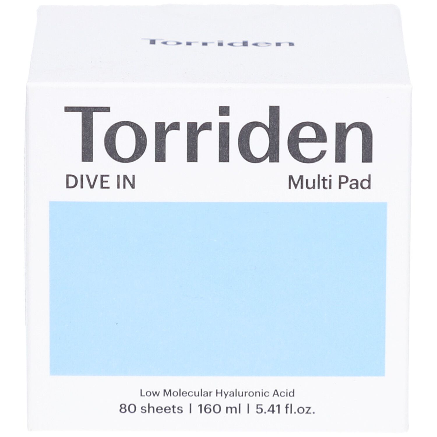 Boîte carrée blanche. Inscription: Torriden, DIVE IN Multi Pad. Carré bleu. Texte: Low Molecular Hyaluronic Acid, 80 sheets.