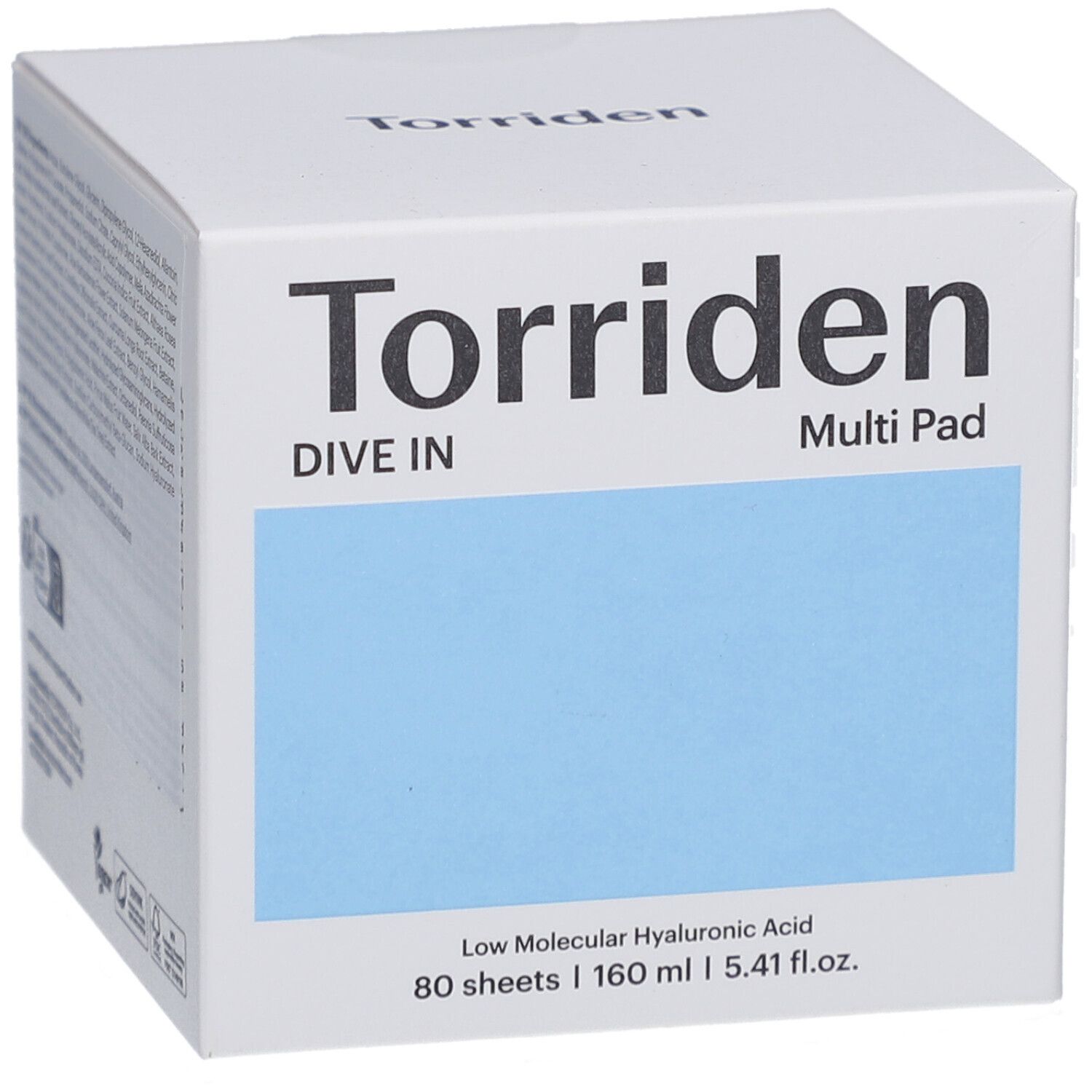 Boîte carrée blanche. Inscription: Torriden, DIVE IN Multi Pad. Carré bleu. Texte: Low Molecular Hyaluronic Acid, 80 sheets.