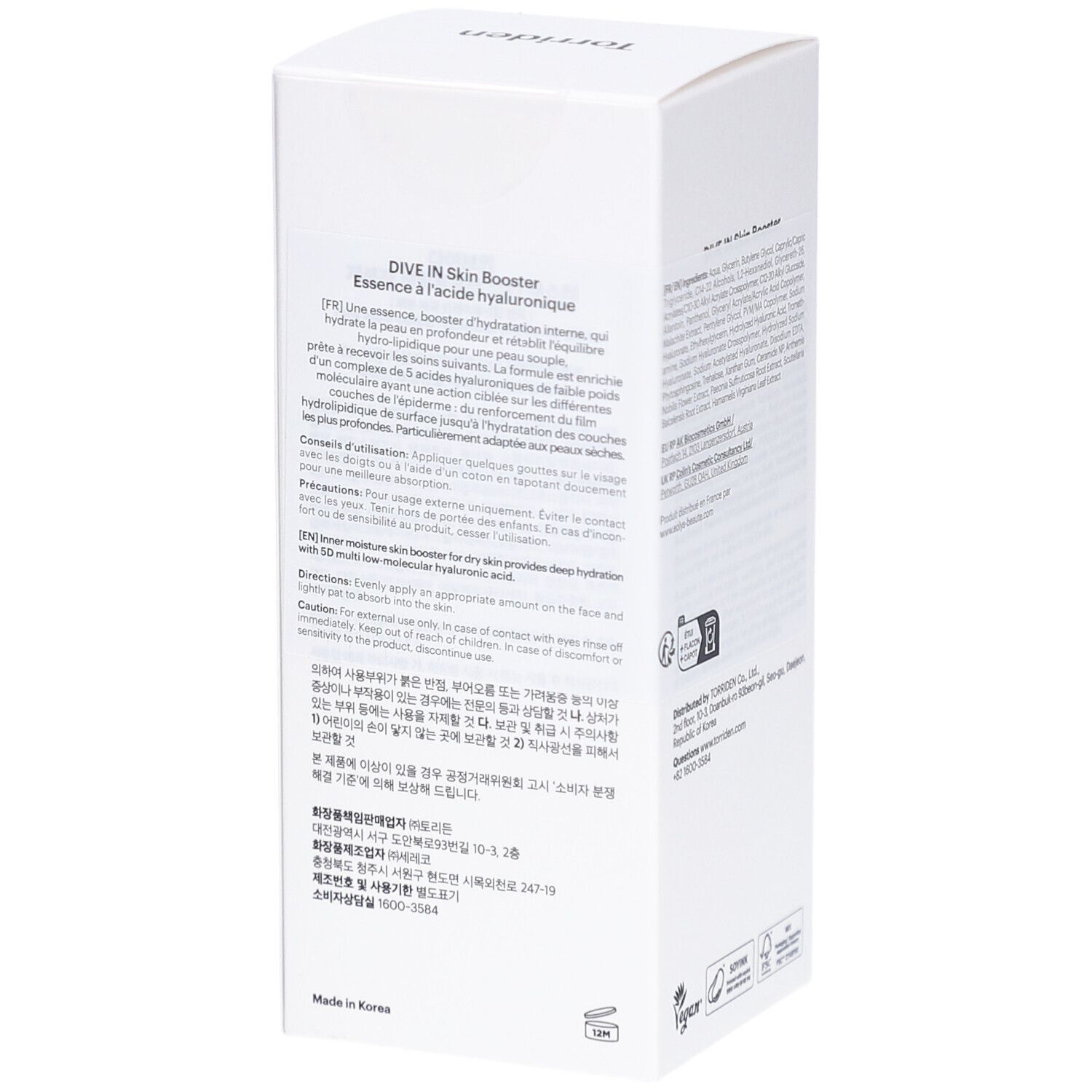 Boîte blanche, côté. Texte: DIVE IN Skin Booster, Essence à l'acide hyaluronique. Texte en coréen. Logos. Fabriqué en Corée.
