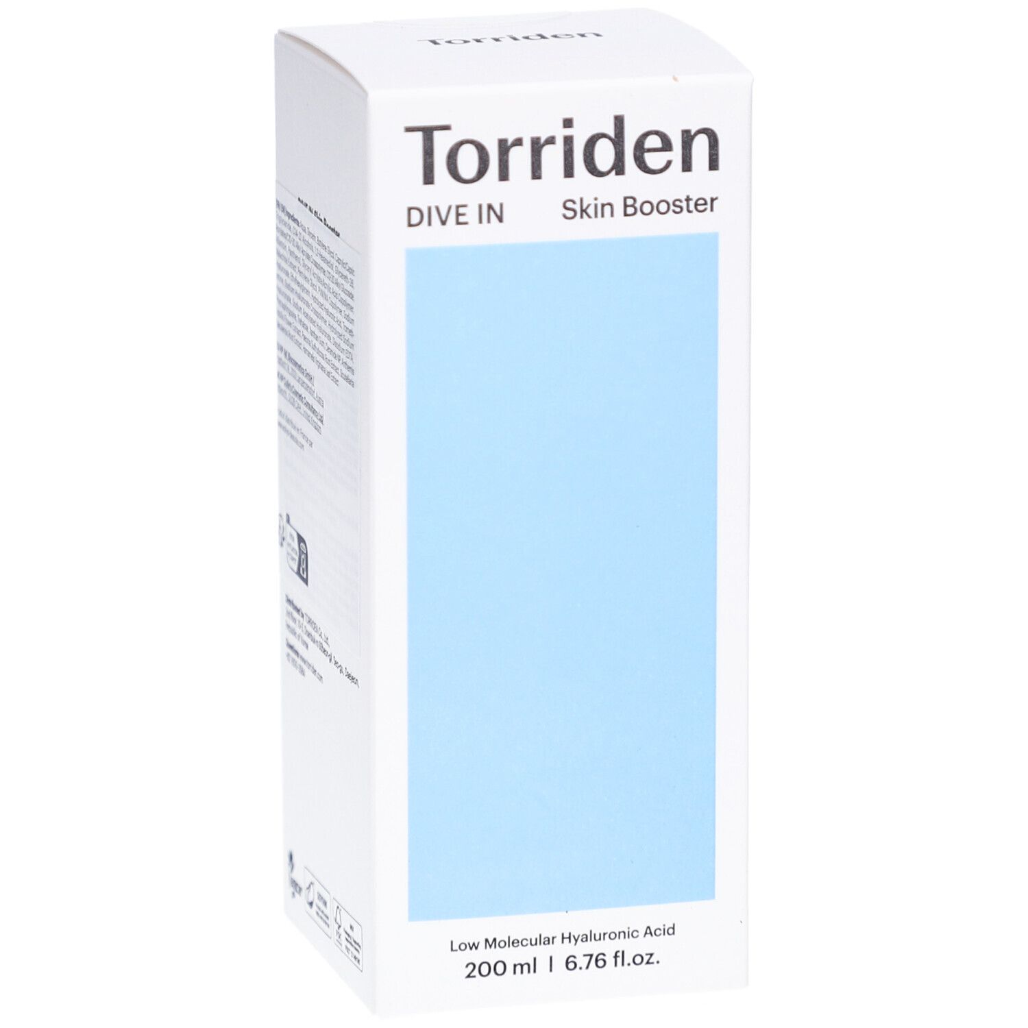 Boîte blanche avec zone bleue. Inscription: Torriden, DIVE IN Skin Booster. Texte: Low Molecular Hyaluronic Acid. 200 ml.