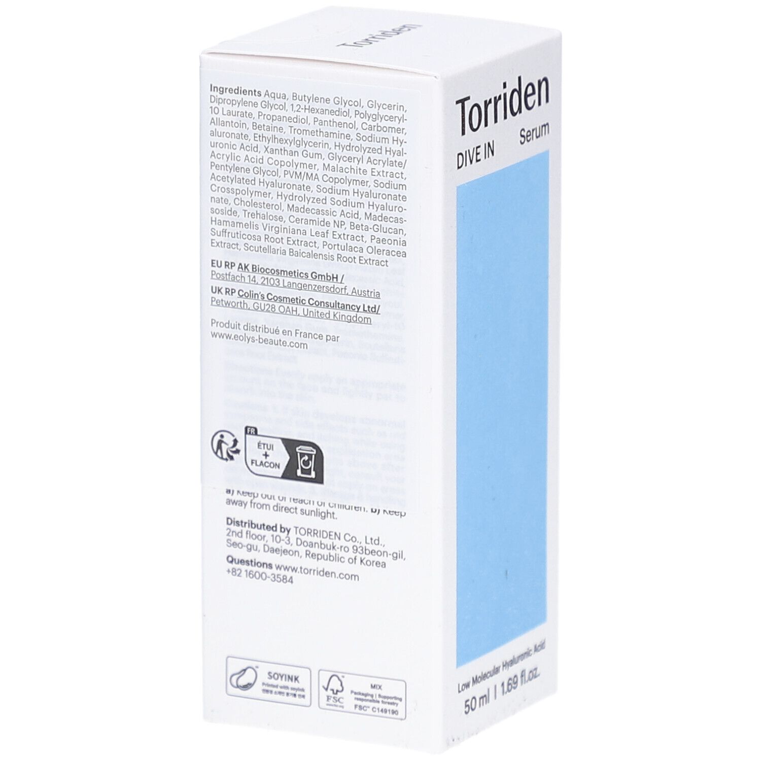 Dos de la boîte. Contient les ingrédients, les informations du fabricant et des logos. Texte multilingue.