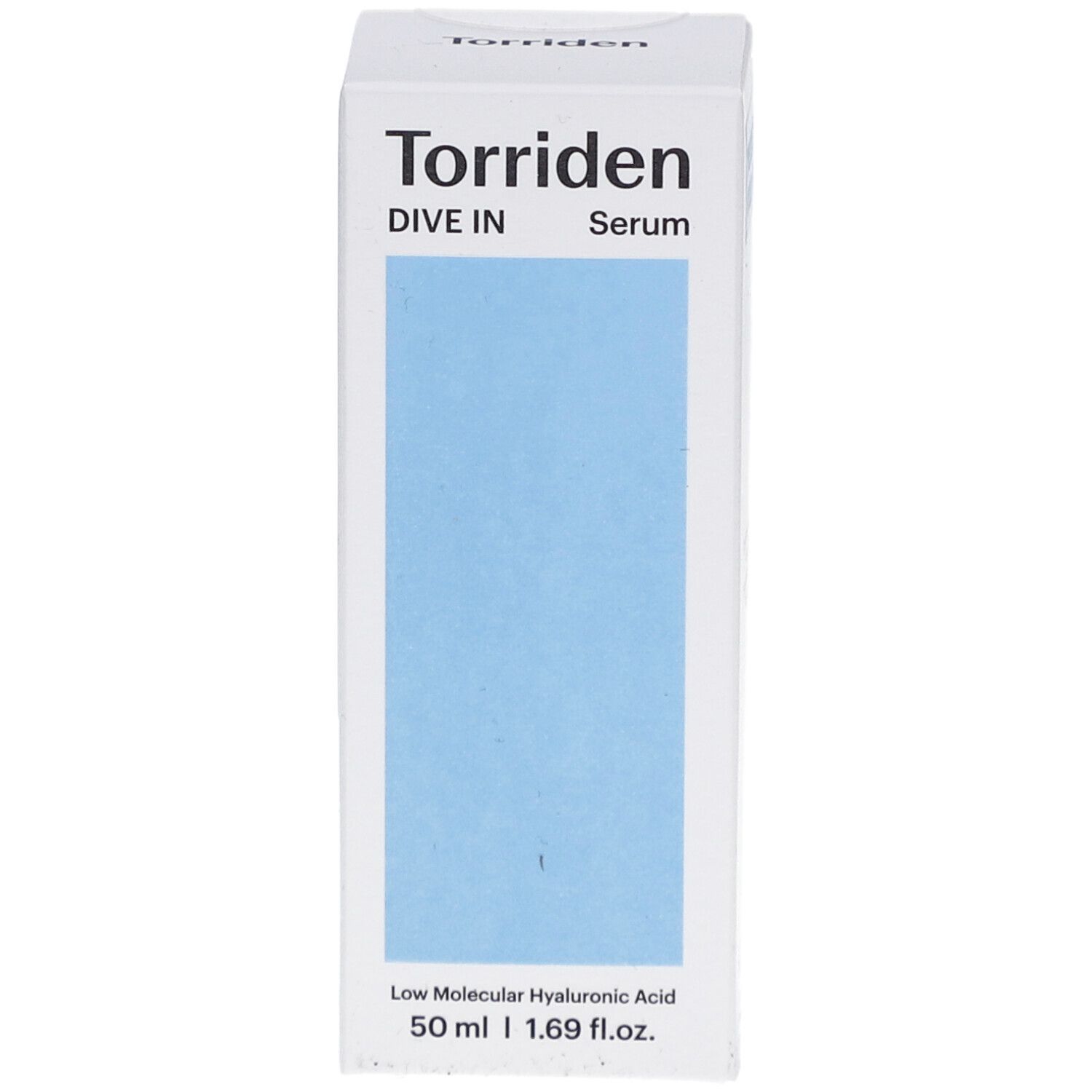 Boîte blanche avec encart bleu. Inscription: Torriden DIVE IN Serum. En bas: 50 ml | 1.69 fl.oz.