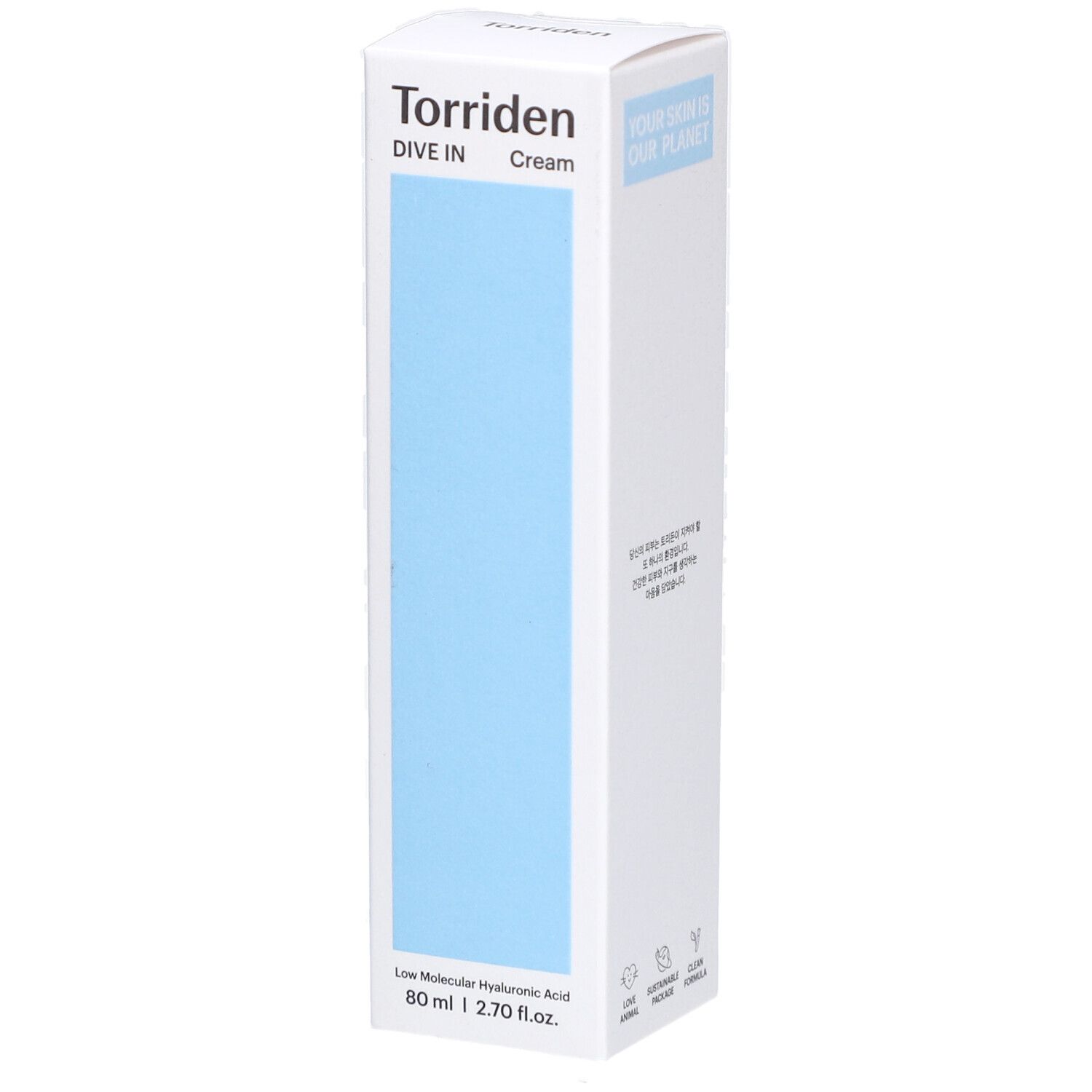 Boîte blanche avec rectangle bleu. Inscription : Torriden, DIVE IN Cream. En bas : Low Molecular Hyaluronic Acid, 80 ml | 2.70 fl.oz.