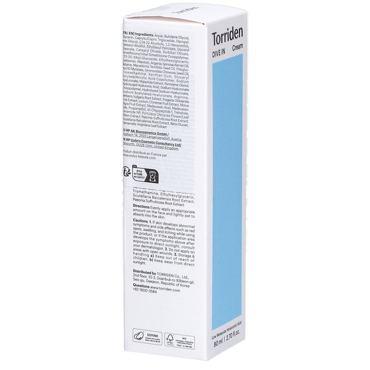 Boîte blanche, dos. Texte avec ingrédients et instructions d'utilisation. En bas : Low Molecular Hyaluronic Acid, 80 ml | 2.70 fl.oz.