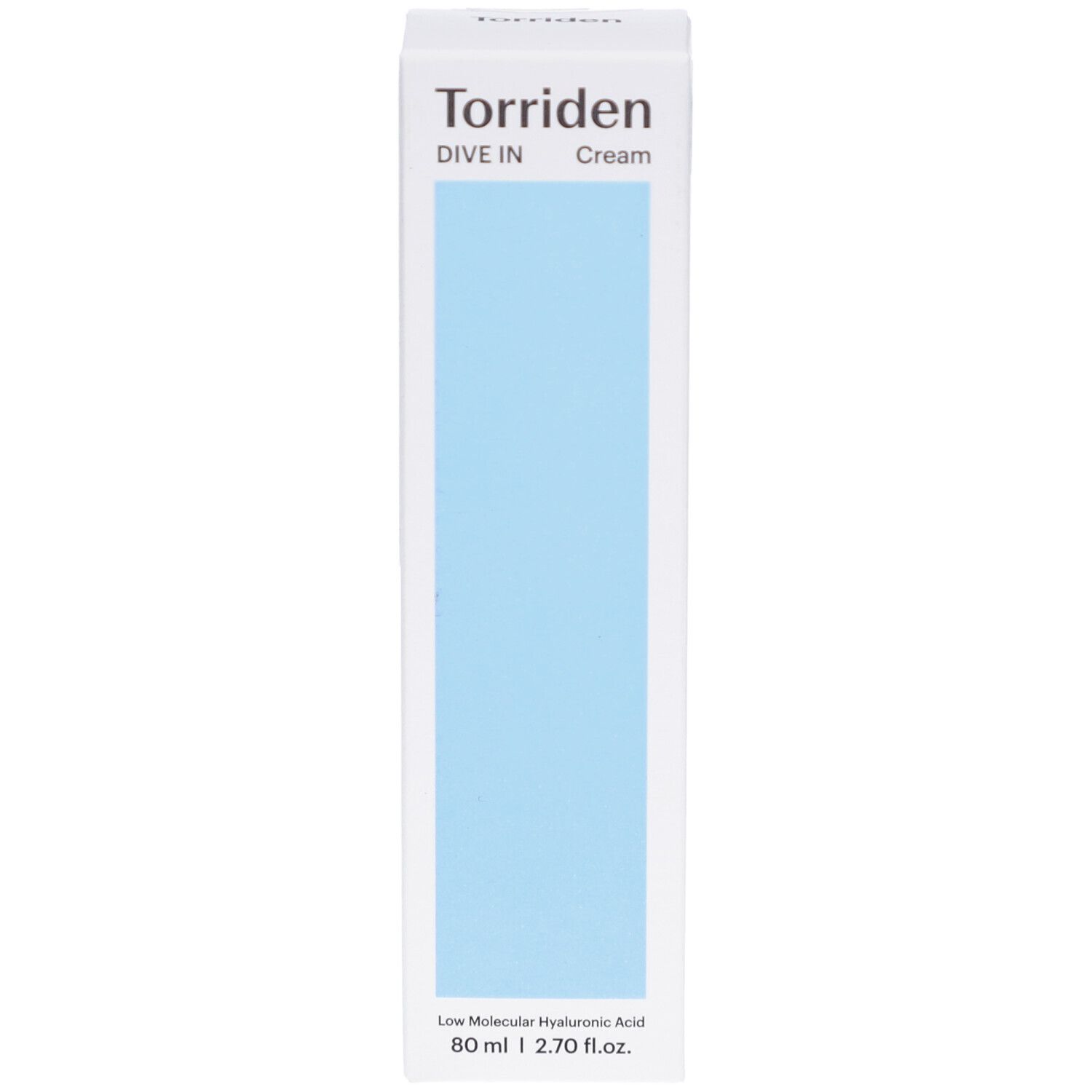 Boîte blanche avec rectangle bleu. Inscription : Torriden, DIVE IN Cream. En bas : Low Molecular Hyaluronic Acid, 80 ml | 2.70 fl.oz.