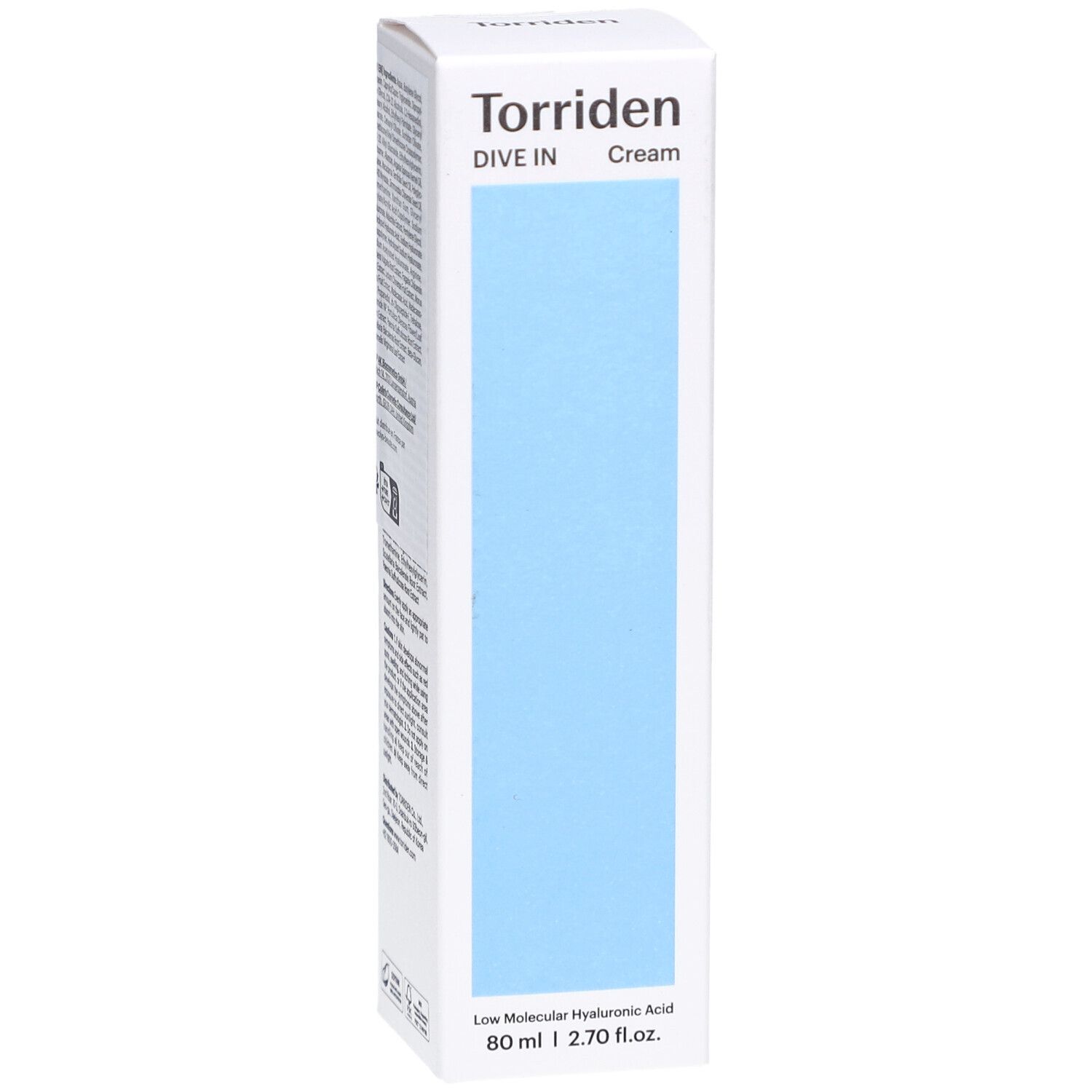 Boîte blanche avec rectangle bleu. Inscription : Torriden, DIVE IN Cream. En bas : Low Molecular Hyaluronic Acid, 80 ml | 2.70 fl.oz.