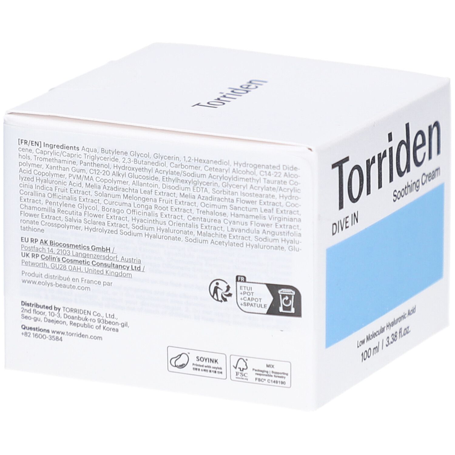 Boîte blanche avec ingrédients et informations. Inscriptions: Torriden, Dive In, Soothing Cream. Contient de l'acide hyaluronique.