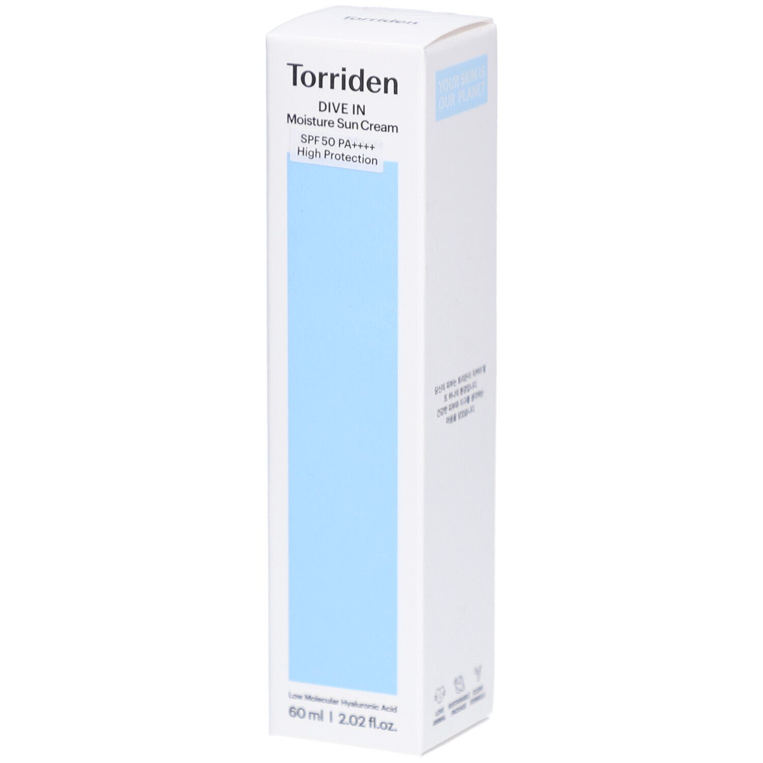 Emballage blanc avec rectangle bleu. Inscription: Torriden, DIVE IN Moisture Sun Cream SPF 50+ High Protection. En bas: 60 ml | 2.02 fl.oz.