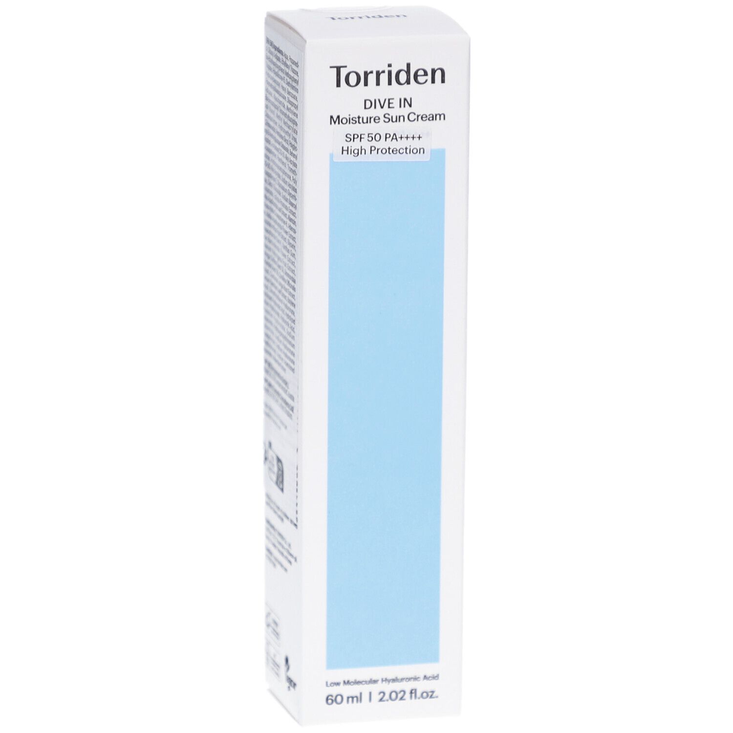 Emballage blanc avec rectangle bleu. Inscription: Torriden, DIVE IN Moisture Sun Cream SPF 50+ High Protection. En bas: 60 ml | 2.02 fl.oz.