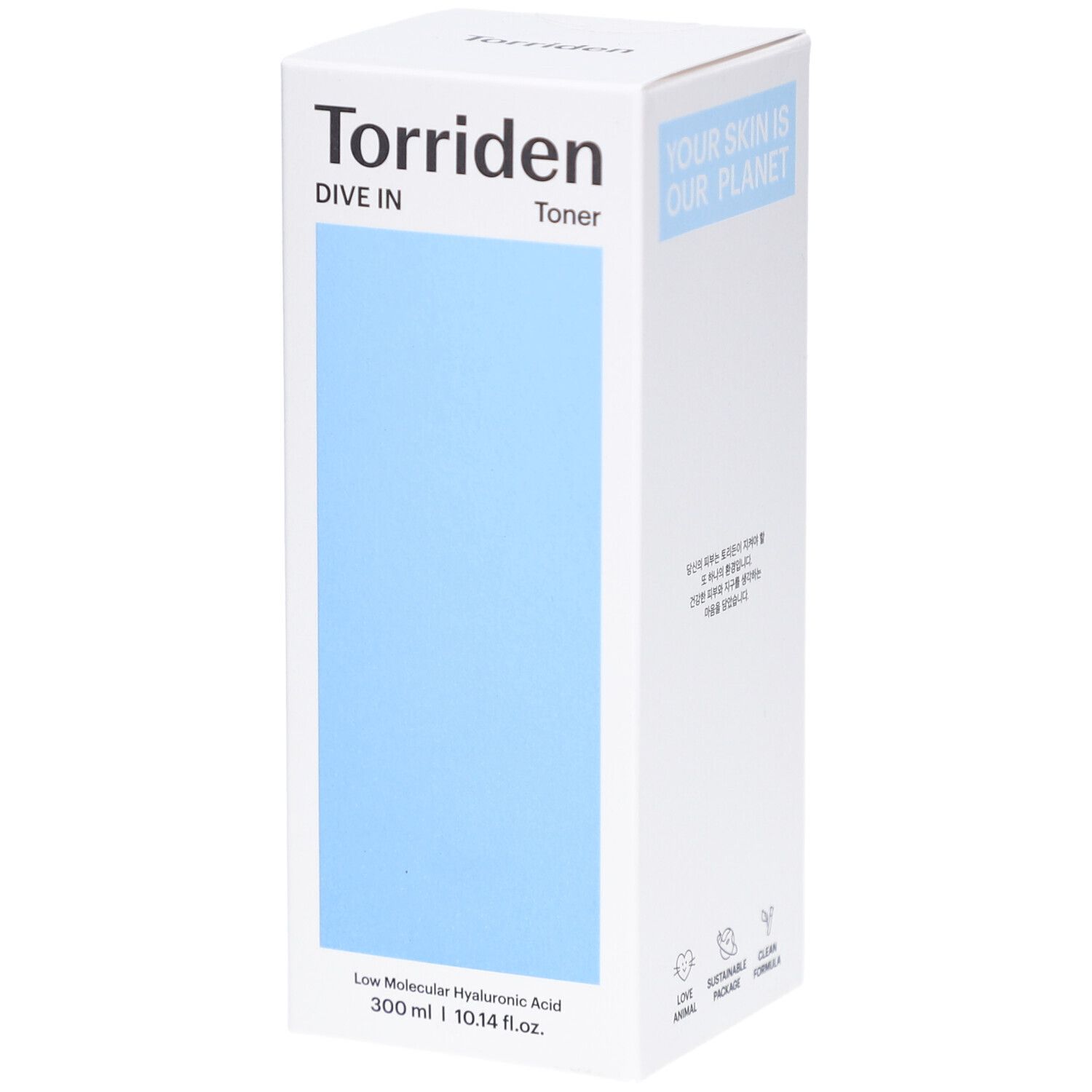 Boîte blanche avec zone bleue. Inscription: Torriden, DIVE IN, Toner. Texte: Low Molecular Hyaluronic Acid. 300 ml | 10.14 fl.oz.