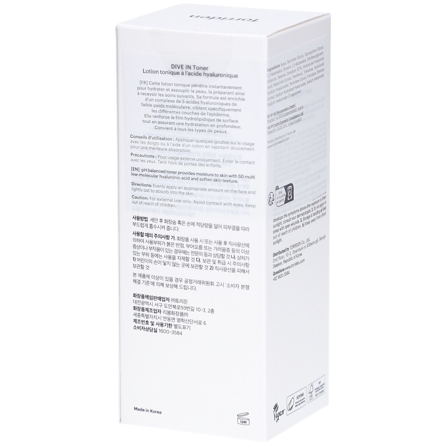 Boîte blanche. Texte: Lotion tonique à l'acide hyaluronique. Inscription: Torriden, DIVE IN, Toner. Zone bleue. Logo végan.