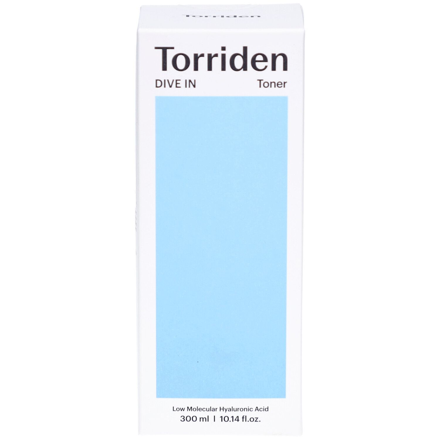 Boîte blanche avec zone bleue. Inscription: Torriden, DIVE IN, Toner. Texte: Low Molecular Hyaluronic Acid. 300 ml | 10.14 fl.oz.
