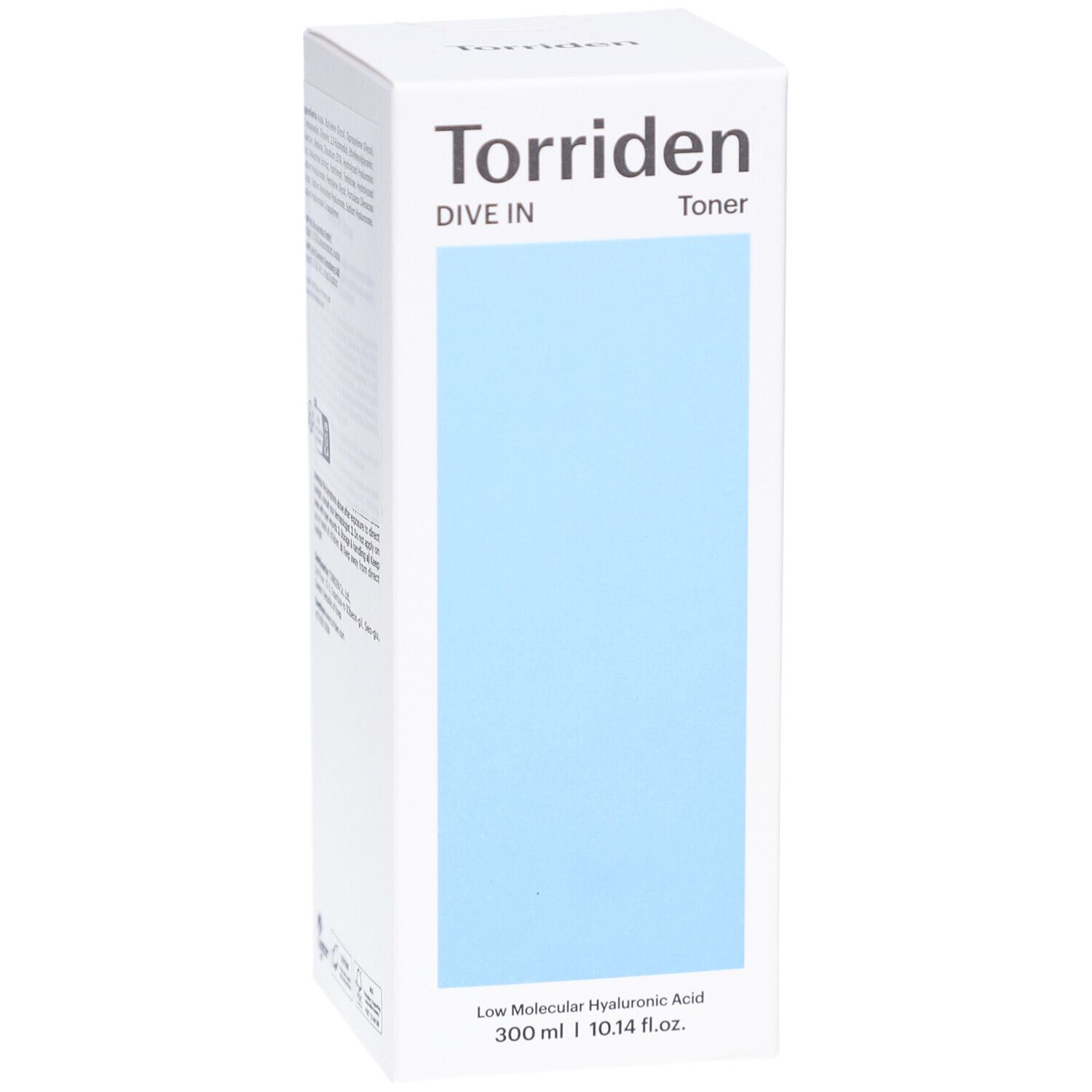 Boîte blanche avec zone bleue. Inscription: Torriden, DIVE IN, Toner. Texte: Low Molecular Hyaluronic Acid. 300 ml | 10.14 fl.oz.