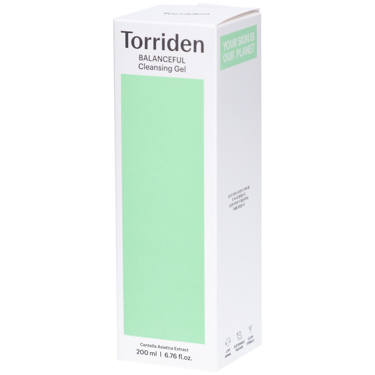 Emballage blanc avec rectangle vert. Inscription: Torriden, BALANCEFUL Cleansing Gel. En bas: 200 ml, 6.76 fl.oz.