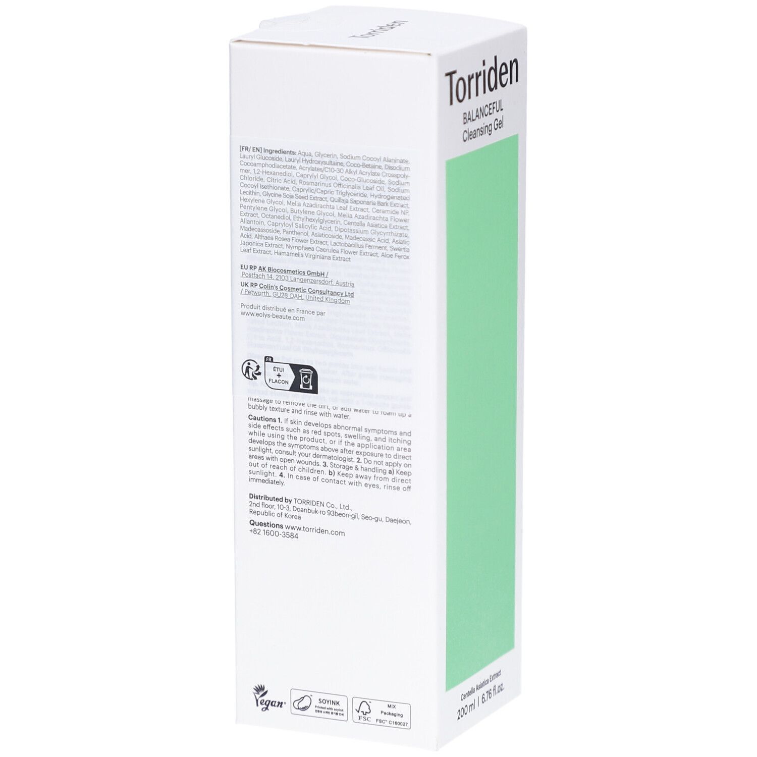 Emballage blanc avec texte. Inscription: Torriden, BALANCEFUL Cleansing Gel. En bas: 200 ml, 6.76 fl.oz. Logo vegan.