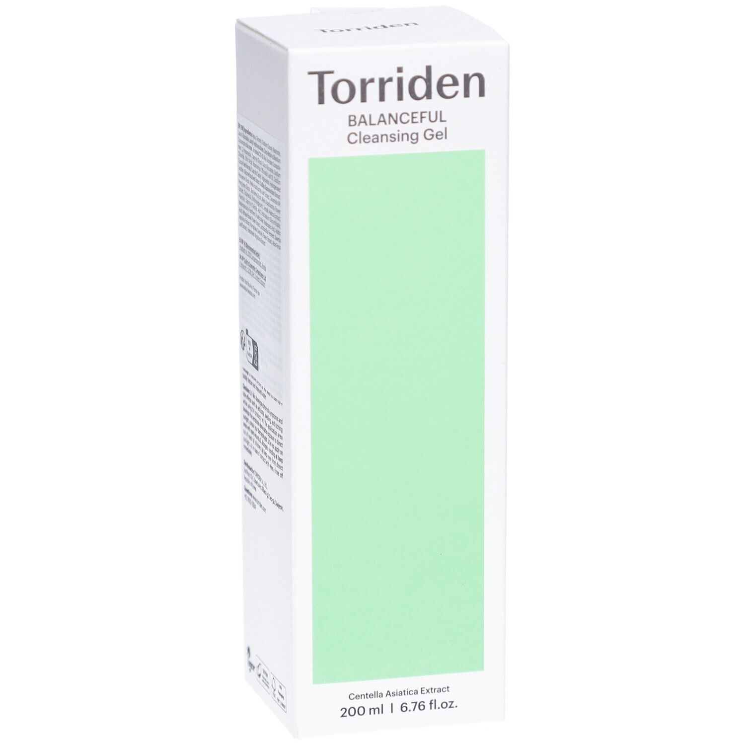 Emballage blanc avec rectangle vert. Inscription: Torriden, BALANCEFUL Cleansing Gel. En bas: 200 ml, 6.76 fl.oz.