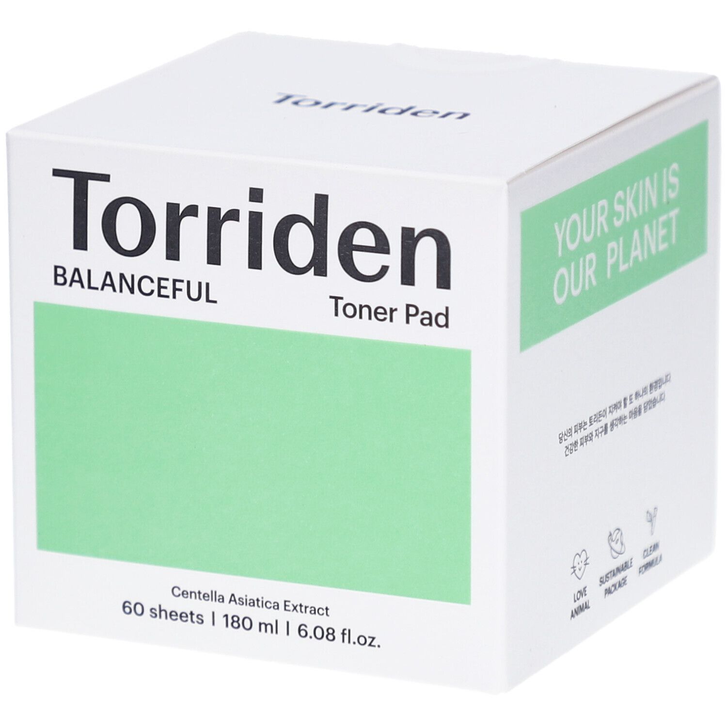 Boîte blanche "Torriden BALANCEFUL Toner Pad". Panneau vert. 60 lingettes, 180 ml. Inscription : YOUR SKIN IS OUR PLANET.