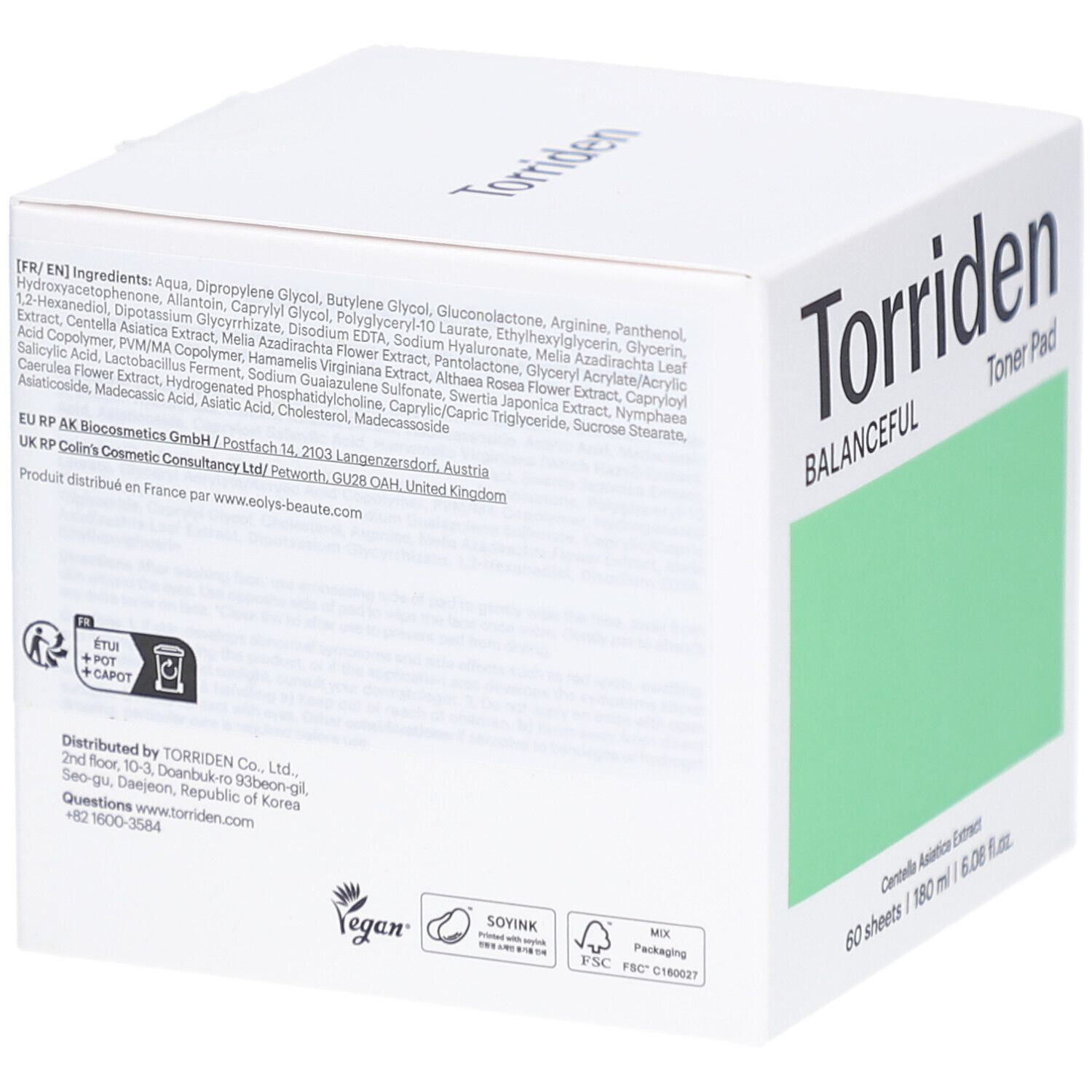 Boîte blanche "Torriden BALANCEFUL Toner Pad". Dos avec ingrédients et logos. 60 lingettes, 180 ml.