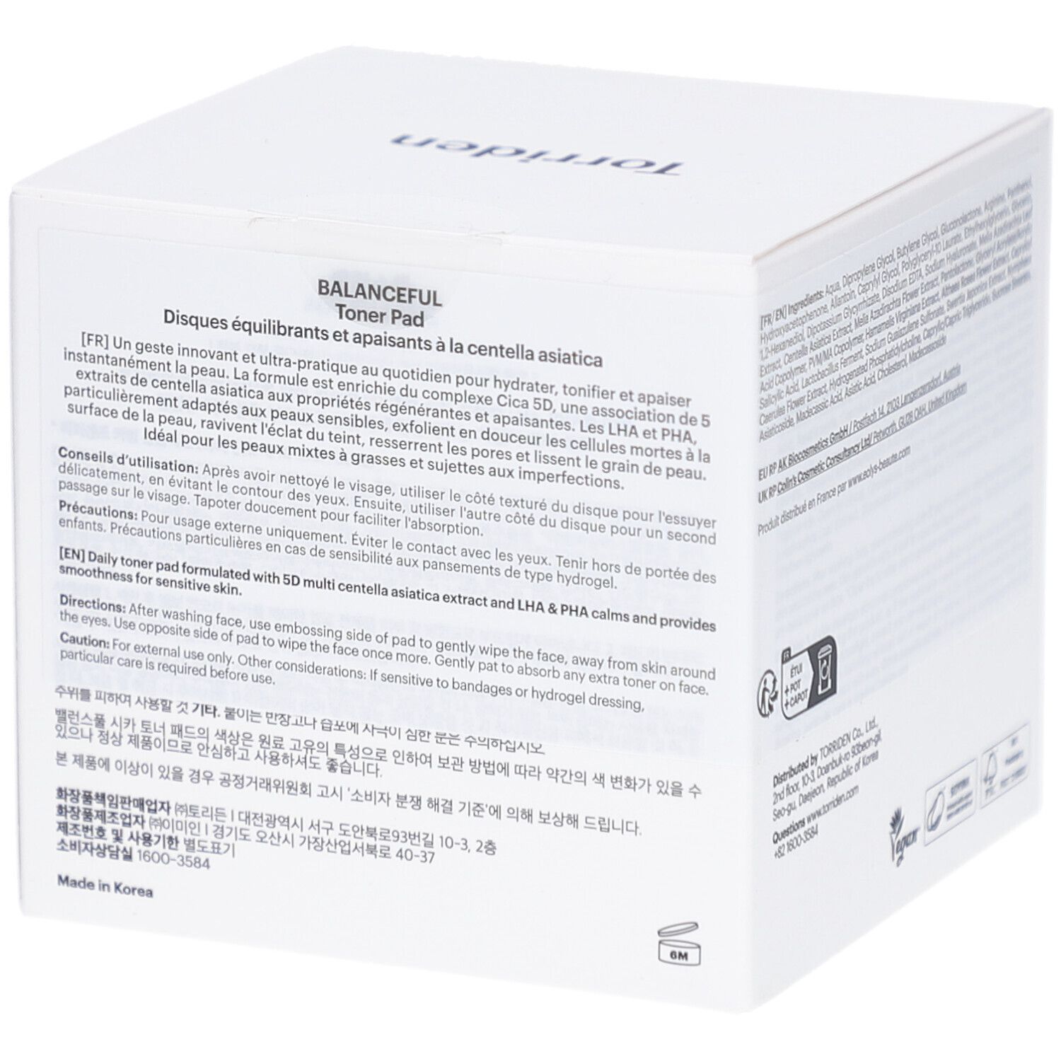 Boîte blanche "Torriden BALANCEFUL Toner Pad". Texte en français et coréen. 60 lingettes, 180 ml.