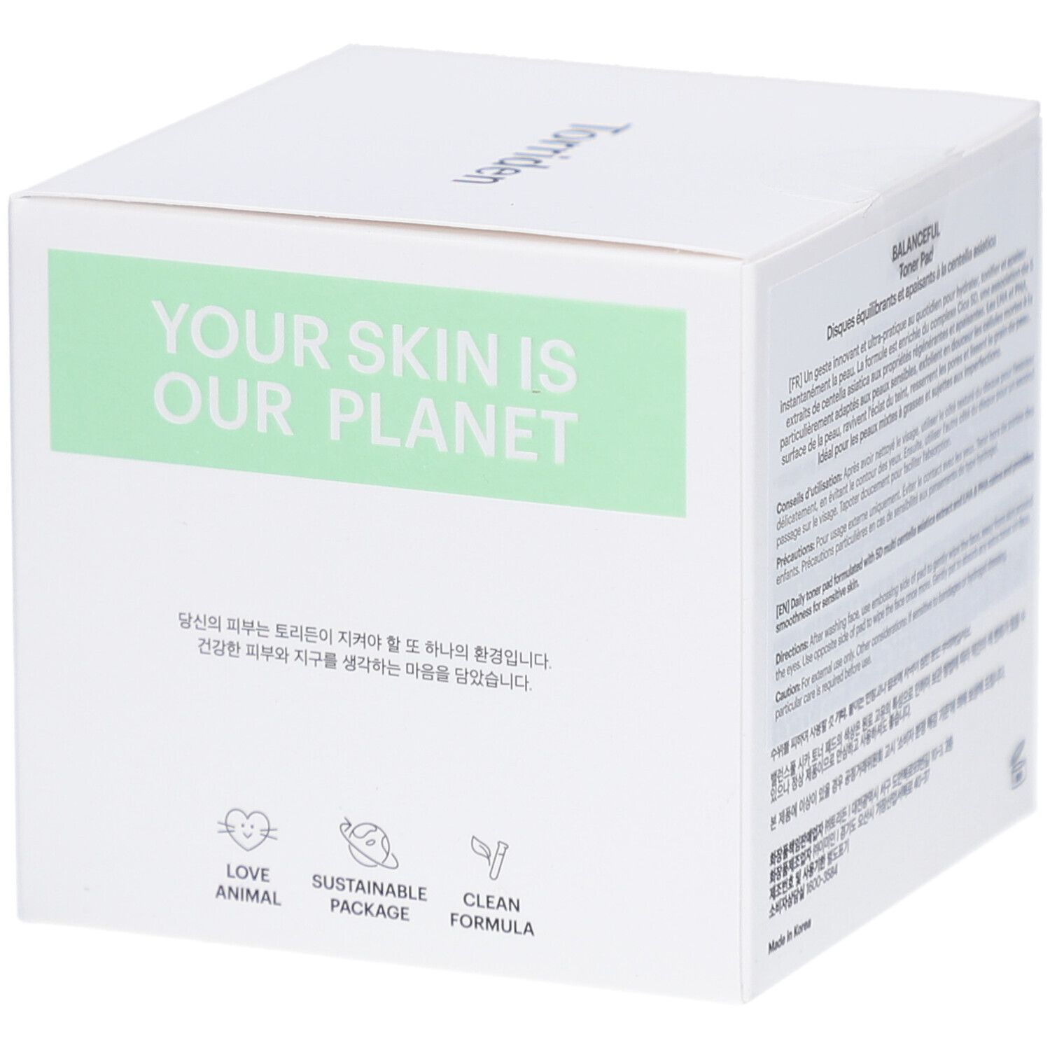 Boîte blanche "Torriden BALANCEFUL Toner Pad". Inscription : YOUR SKIN IS OUR PLANET. Logos.