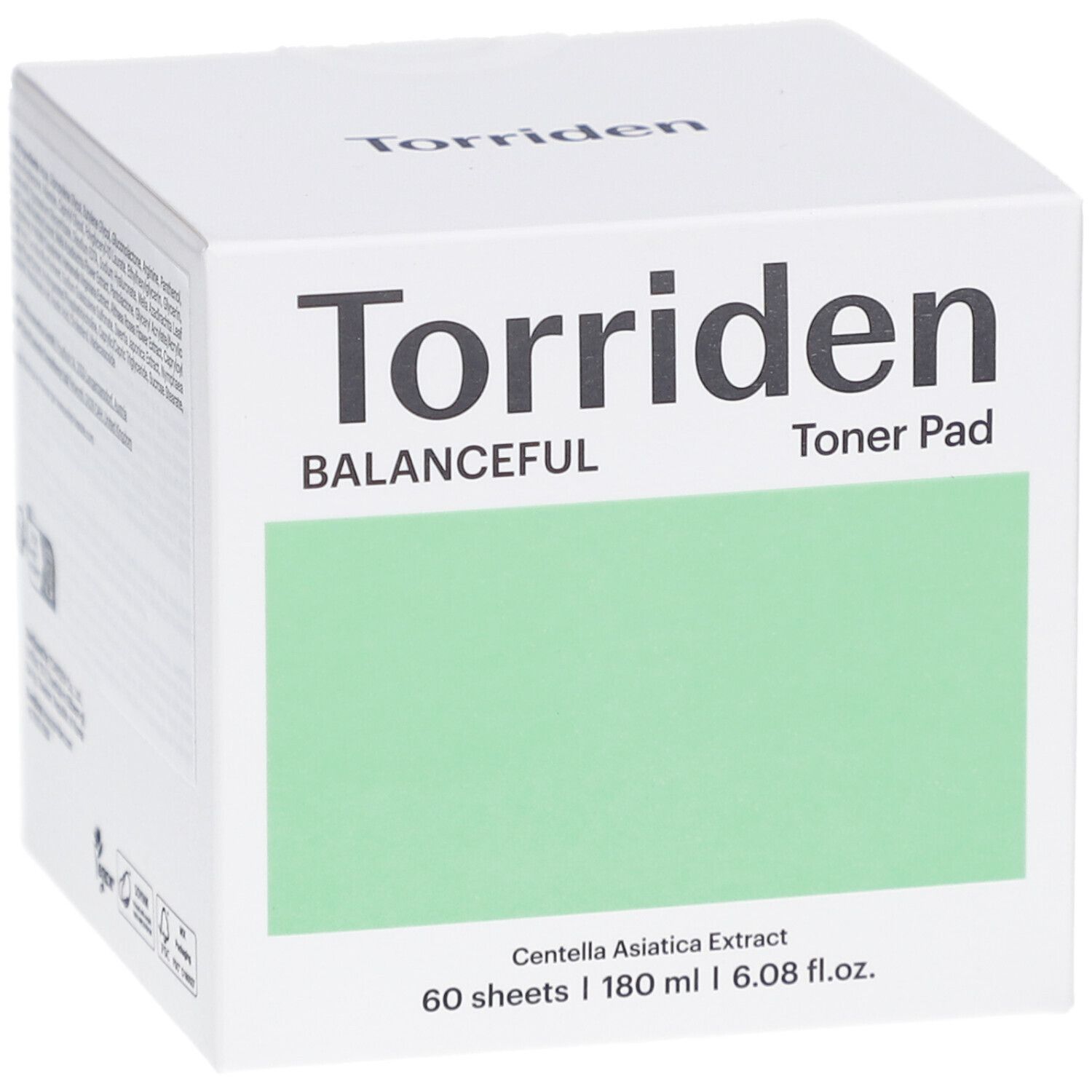 Boîte blanche "Torriden BALANCEFUL Toner Pad". Panneau vert. 60 lingettes, 180 ml.