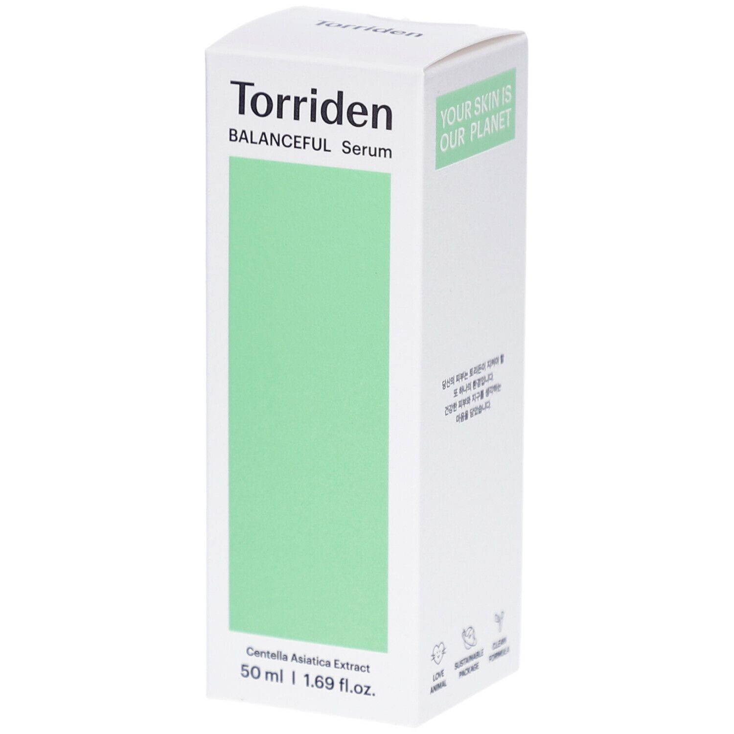 Boîte blanche avec un rectangle vert. "Torriden BALANCEFUL Serum" en haut. "Centella Asiatica Extract" en bas. 50 ml.