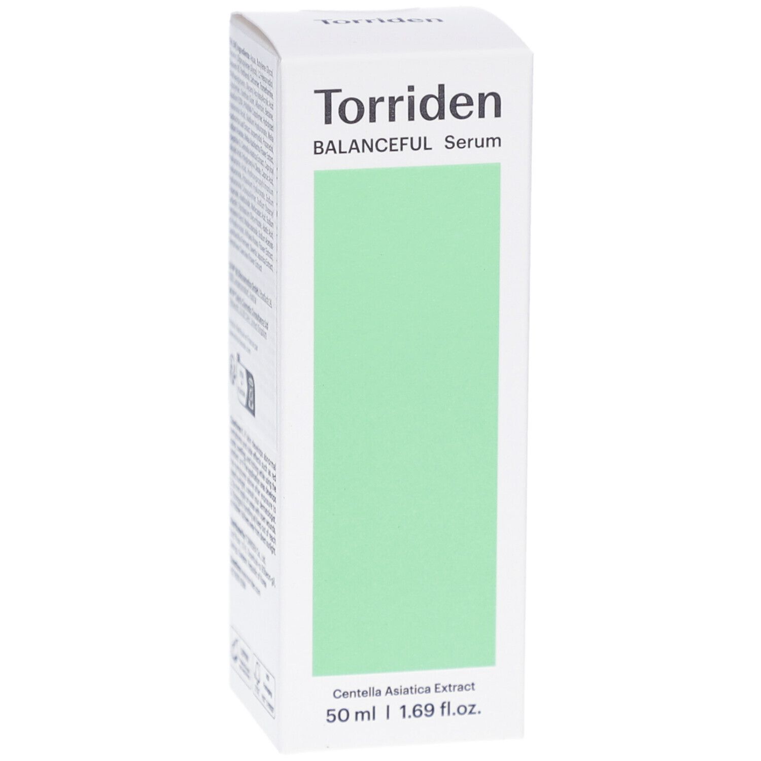 Boîte blanche avec rectangle vert. "Torriden BALANCEFUL Serum" en haut. "Centella Asiatica Extract" en bas. 50 ml.