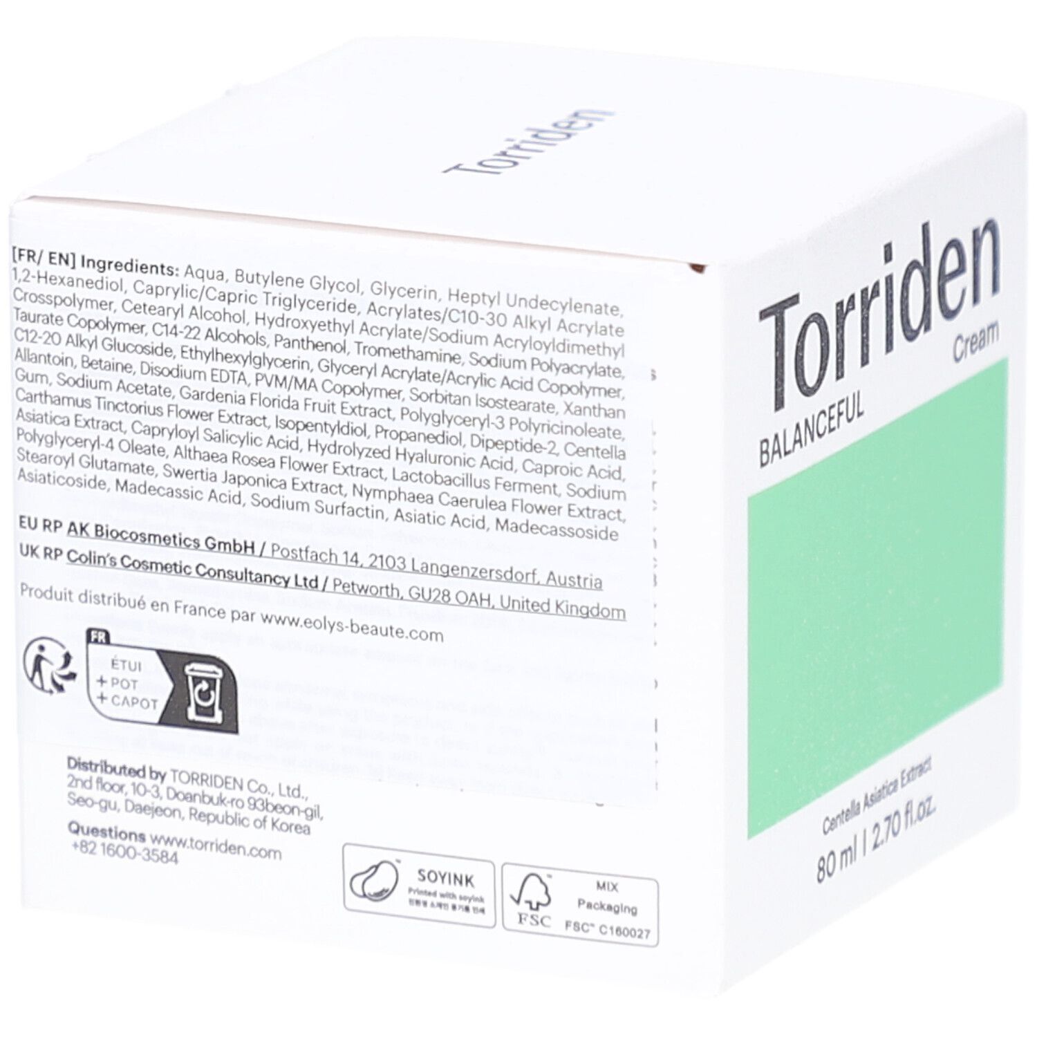 Boîte blanche, dos. Inscription: Torriden, BALANCEFUL Cream. Contient ingrédients, informations fabricant et logos.