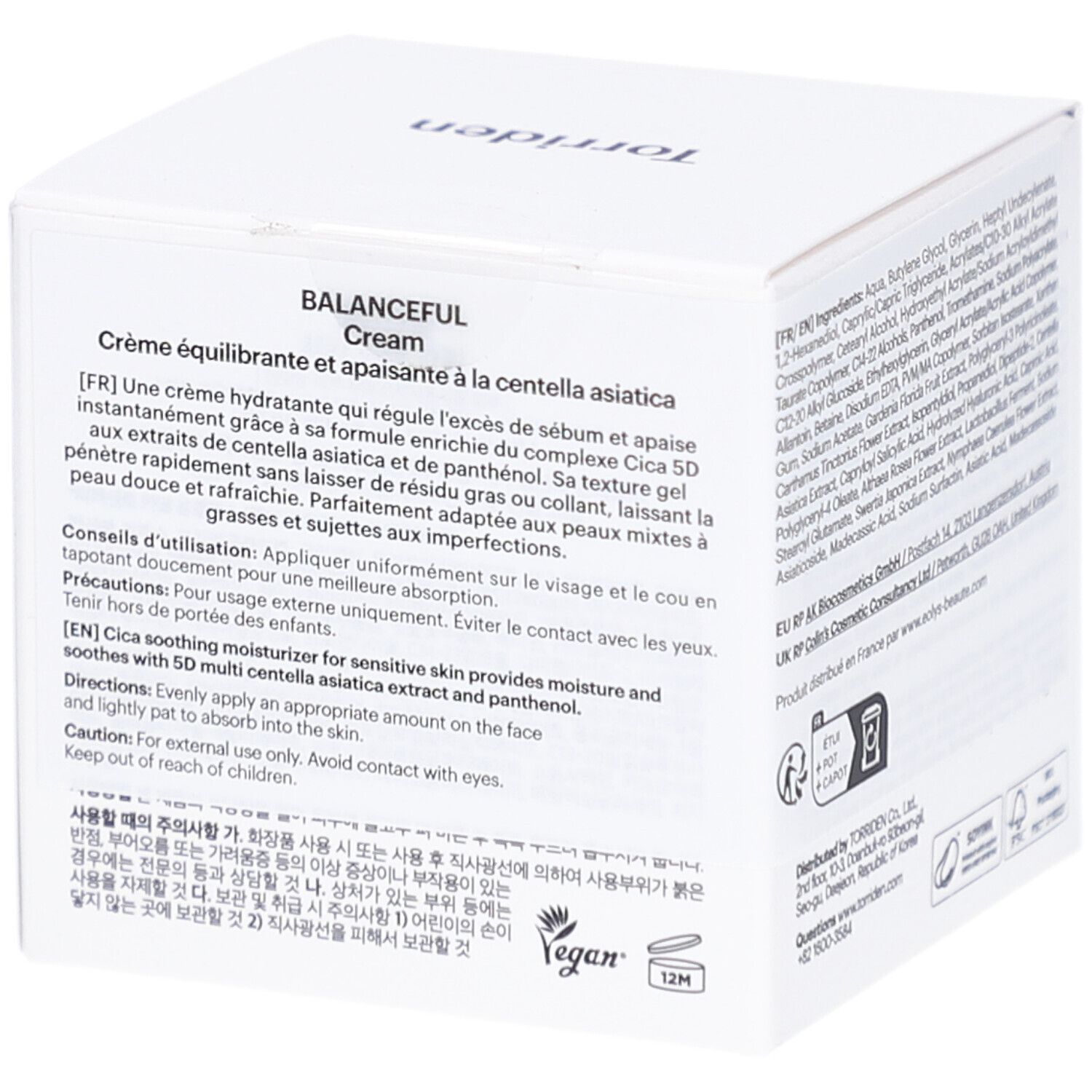 Boîte blanche, texte. Inscription: BALANCEFUL Cream. Contient instructions et avertissements en plusieurs langues.