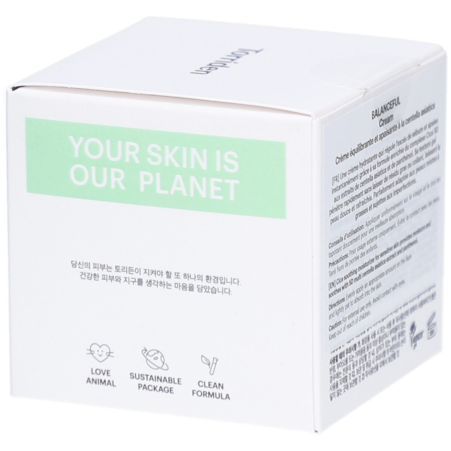 Boîte blanche avec champ vert. Inscription: Torriden, BALANCEFUL Cream. Texte: YOUR SKIN IS OUR PLANET. Logos.
