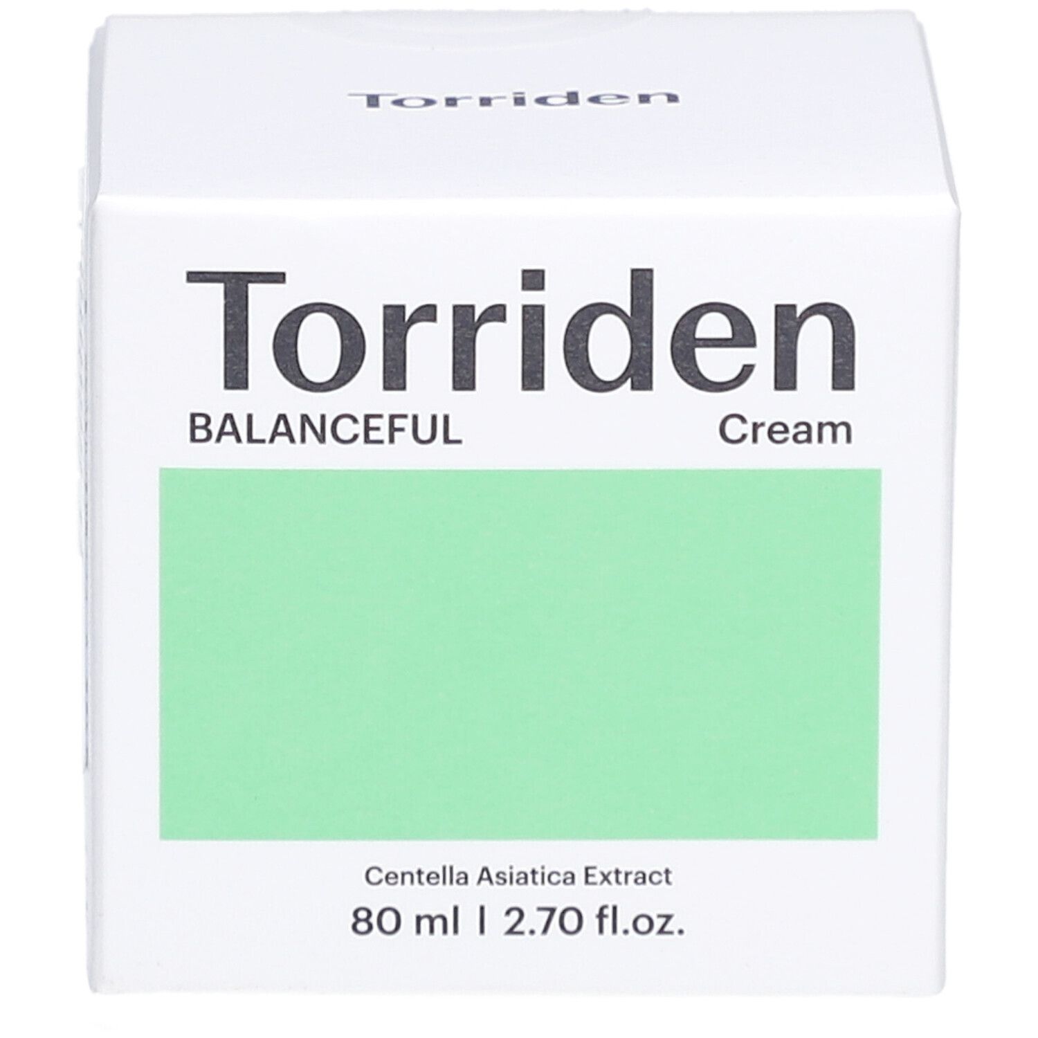 Boîte blanche avec champ vert. Inscription: Torriden, BALANCEFUL Cream. Contient 80 ml. Impression: Centella Asiatica Extract.