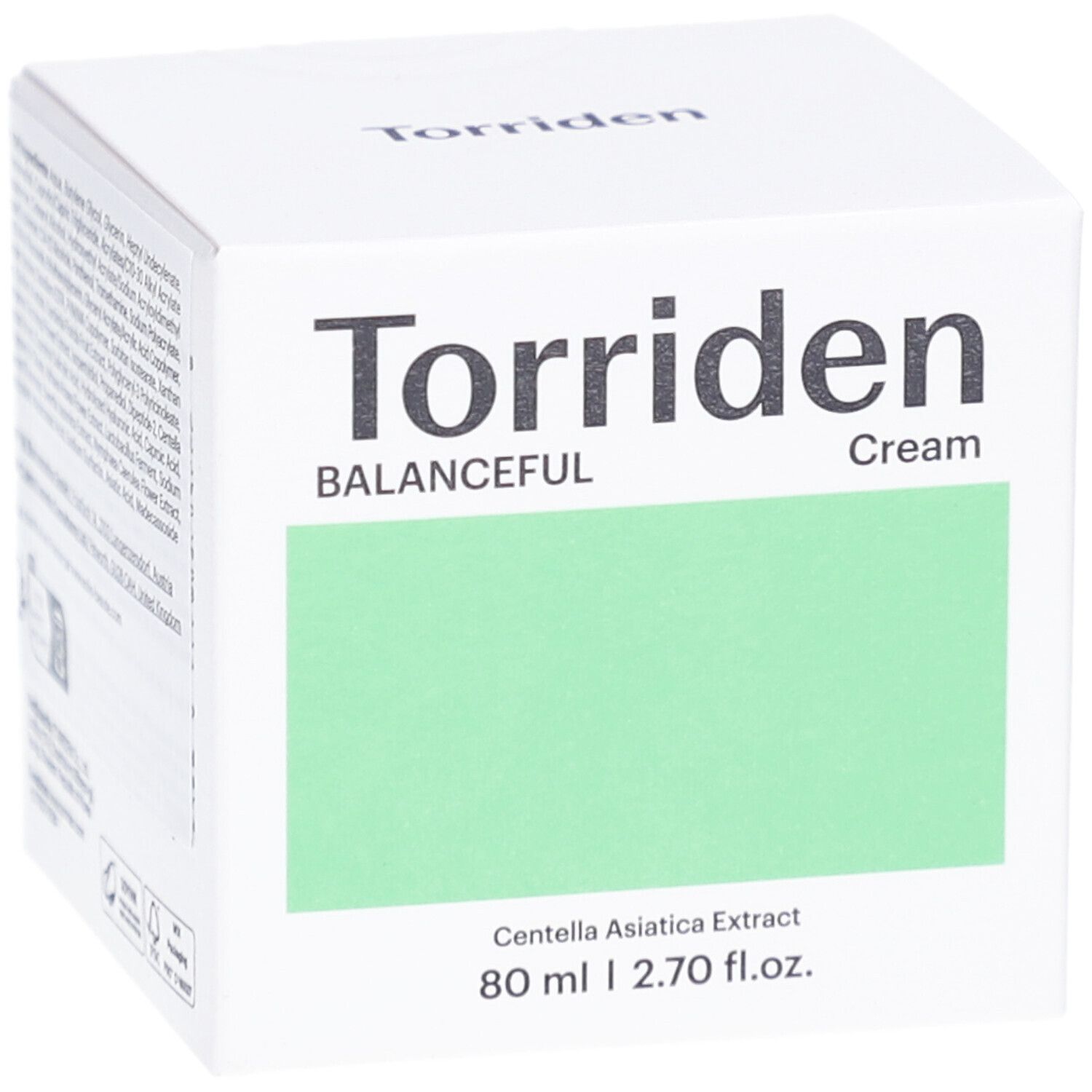 Boîte blanche avec champ vert. Inscription: Torriden, BALANCEFUL Cream. Contient 80 ml. Impression: Centella Asiatica Extract.