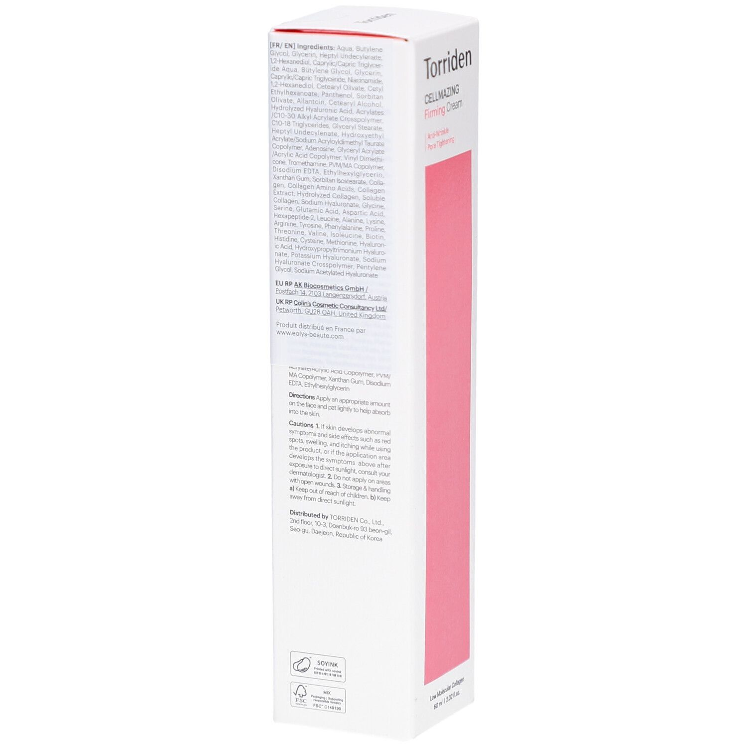 Dos de la boîte. Texte: Ingrédients, mode d'emploi, précautions. Logos: certifications cosmétiques, recyclage.