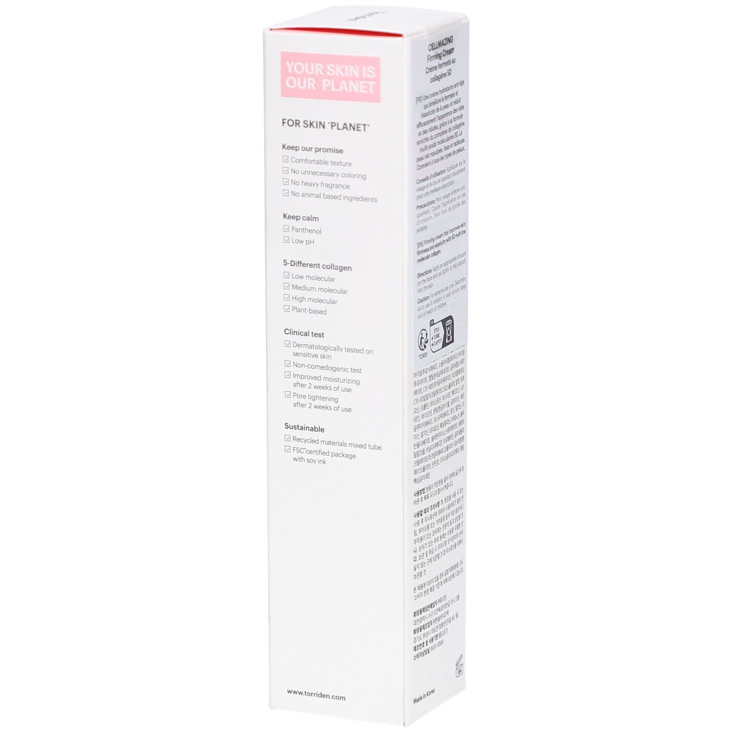 Côté de la boîte. Texte: YOUR SKIN IS OUR PLANET, Keep our promise, Keep calm, 5 collagènes différents, Test clinique, Durable.